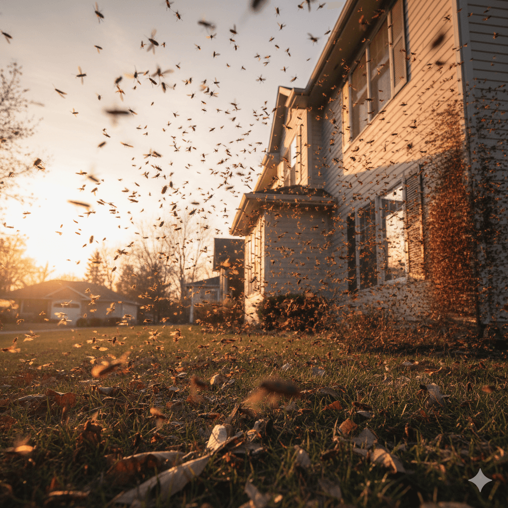 Large swarms of boxelder bugs migrating toward buildings in fall