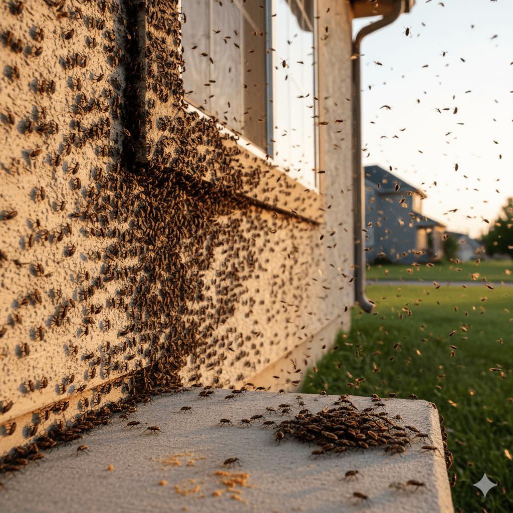 Large clusters of boxelder bugs congregating on sunny exterior wall