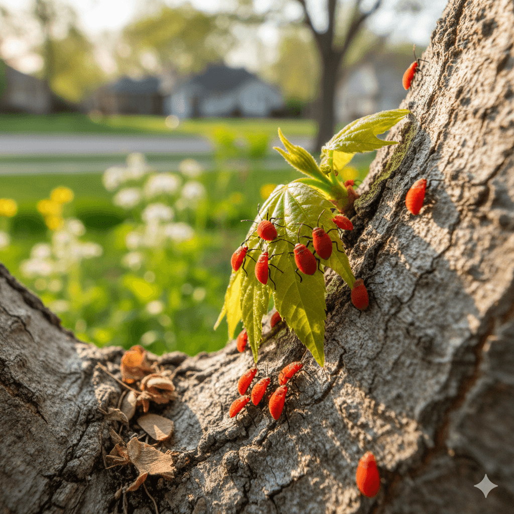 Red boxelder bug nymphs on host tree during breeding season