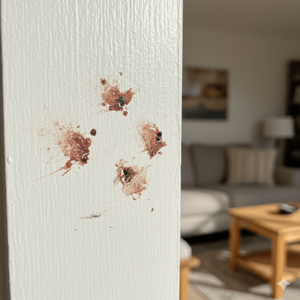 Red stains on surfaces from crushed boxelder bugs