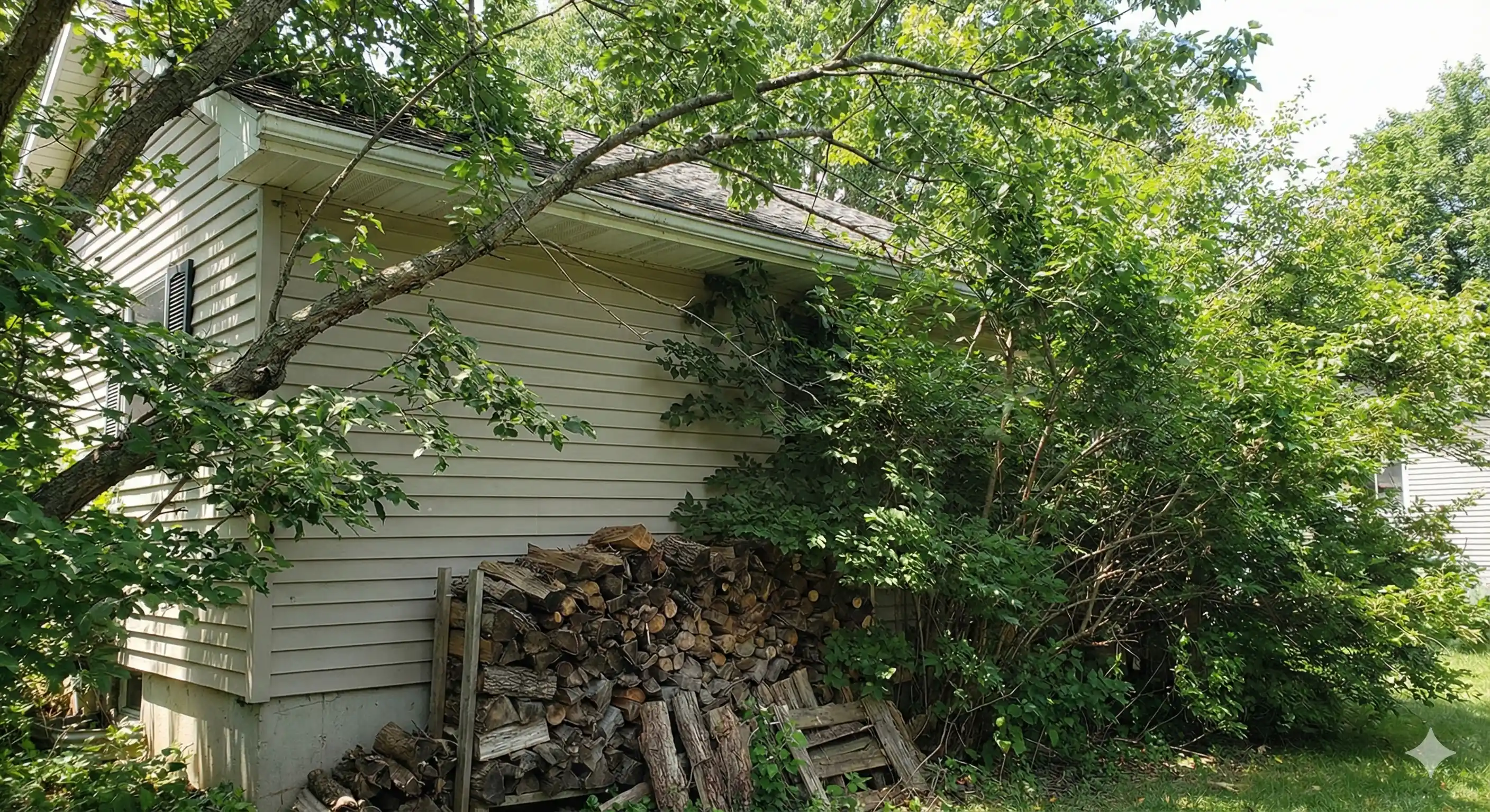Tree branches and vegetation contacting home structure