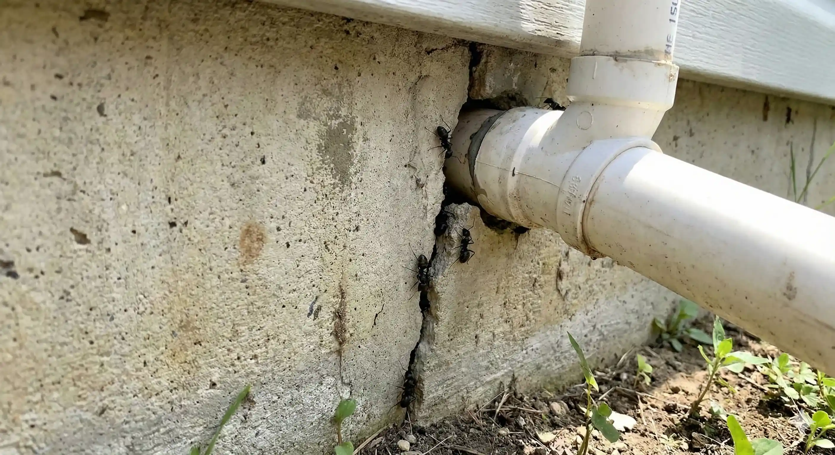 Foundation crack and utility penetration providing carpenter ant entry