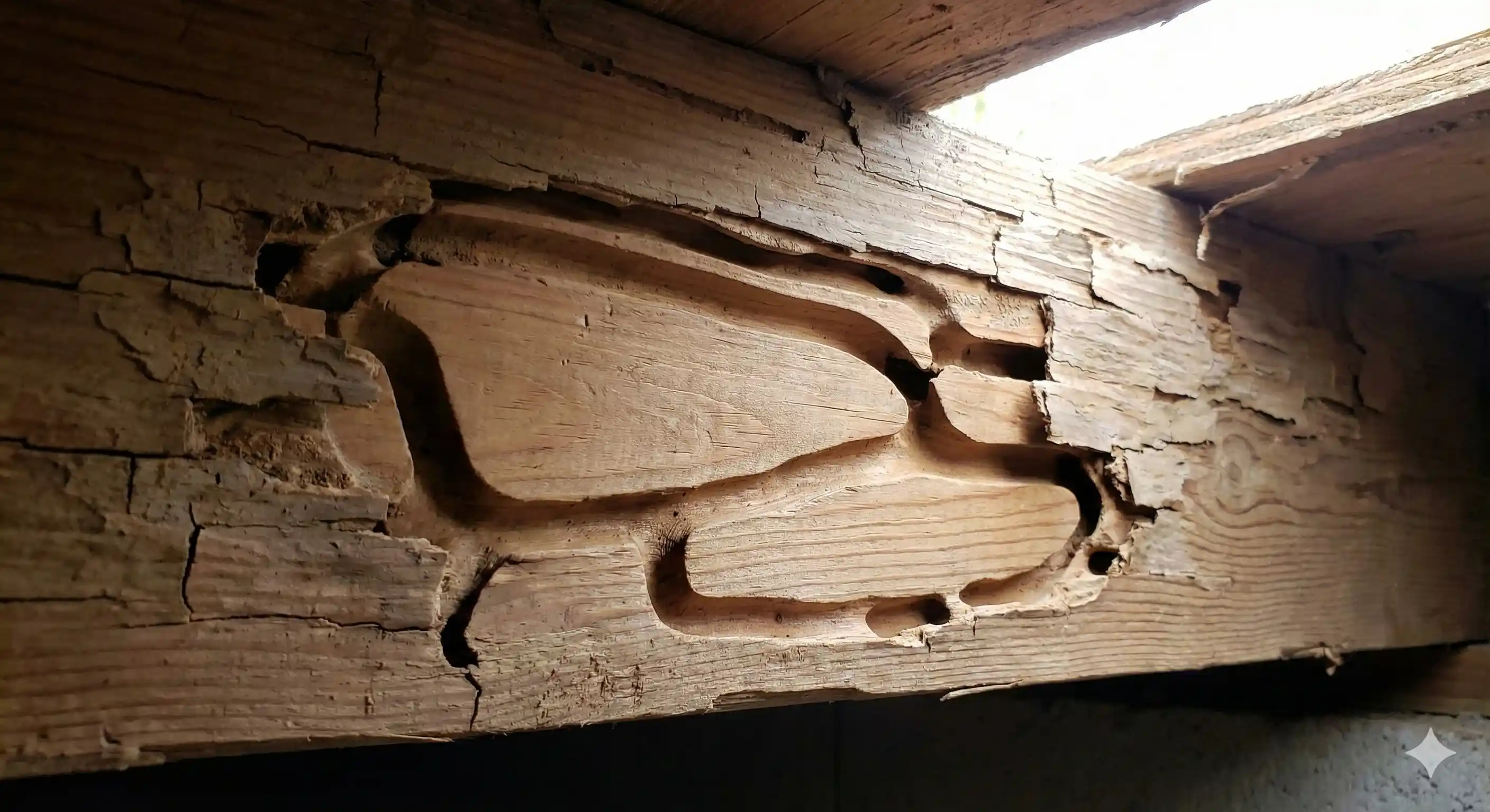 Wood structural damage showing smooth carpenter ant galleries