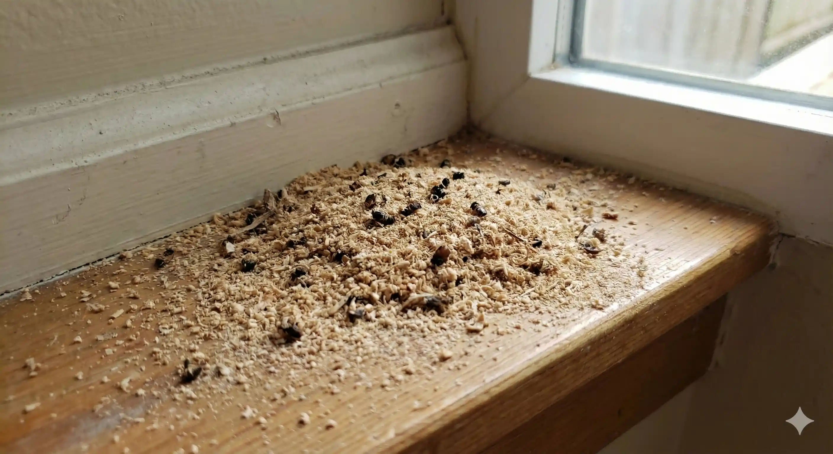 Sawdust-like frass pile indicating carpenter ant gallery excavation