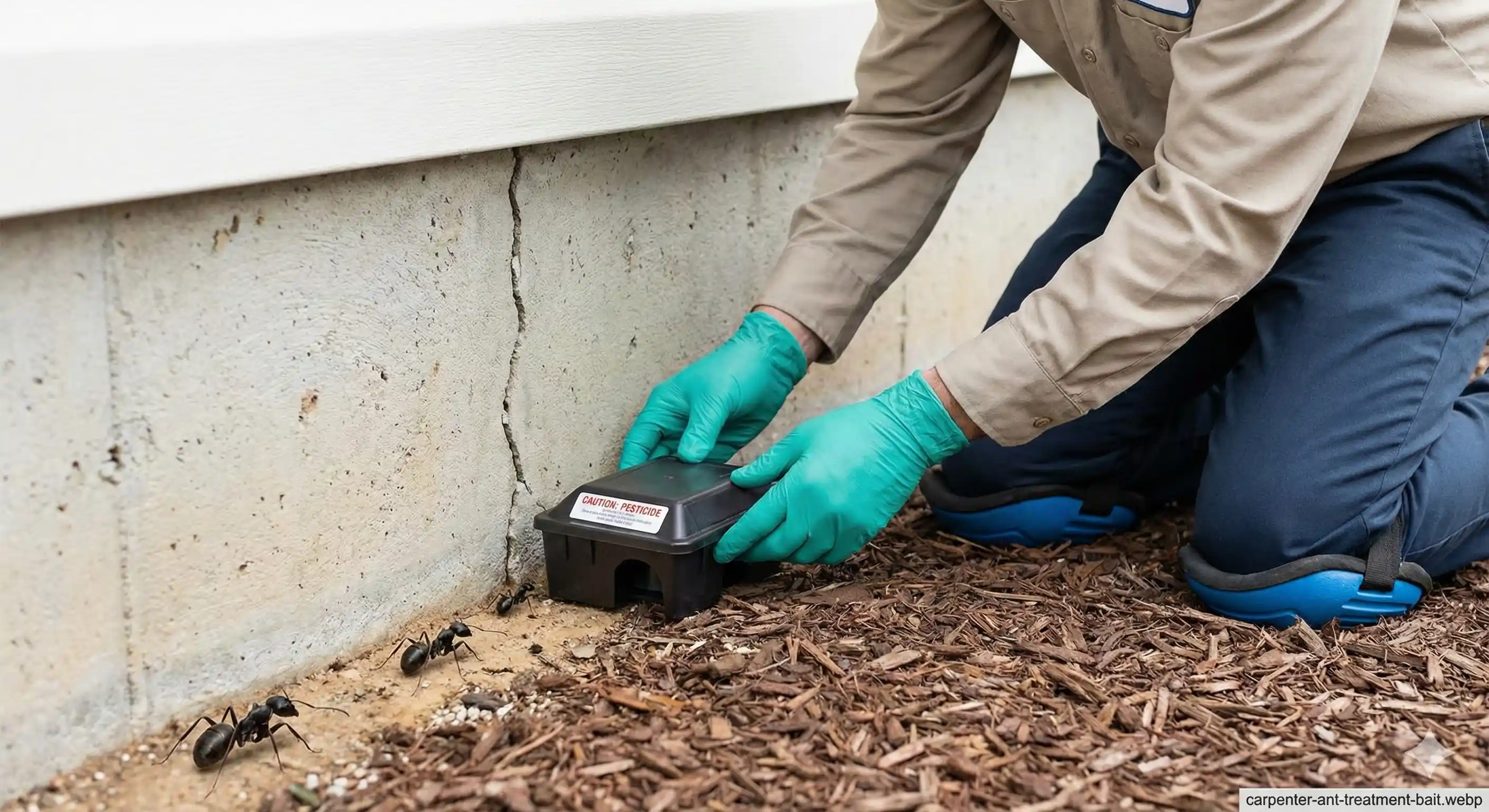 Installing professional carpenter ant bait station near foraging trail