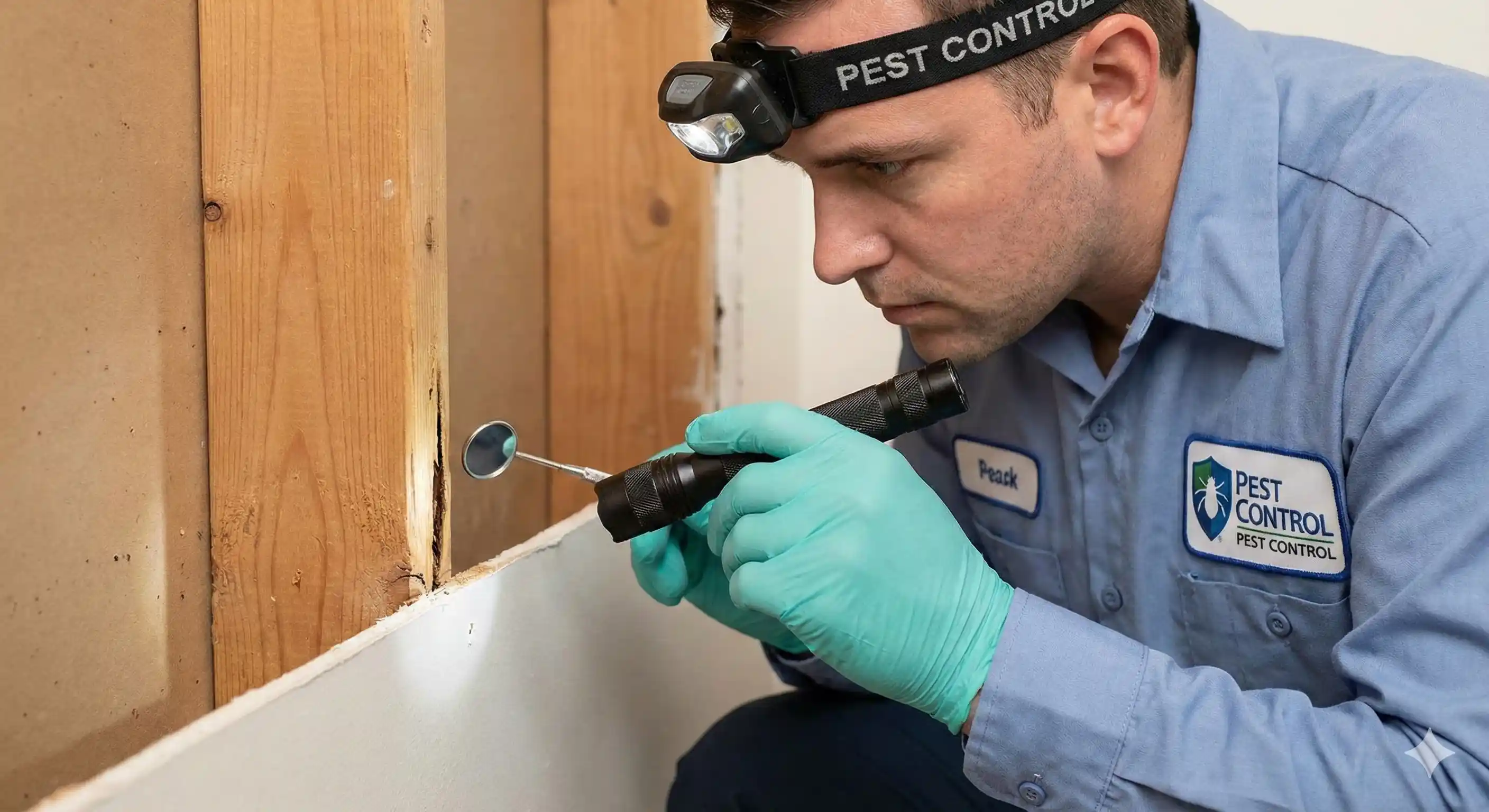 Technician inspecting wall void for carpenter ant colony activity