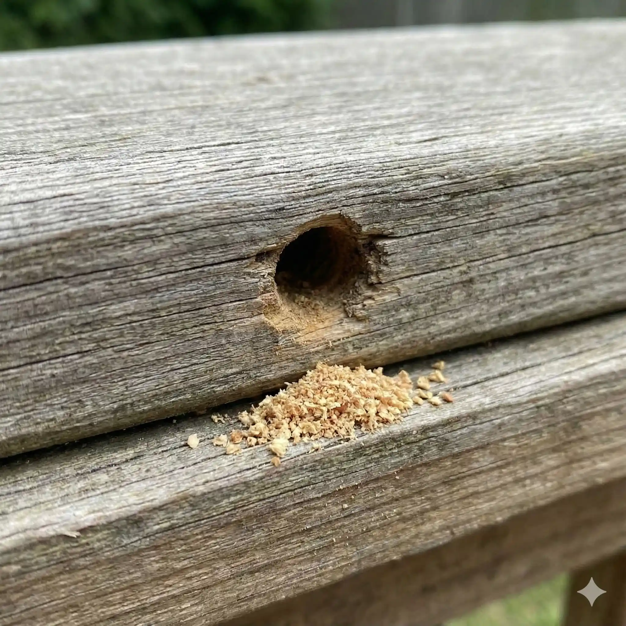 Multiple carpenter bee entrance holes showing repeated nesting in same wood
