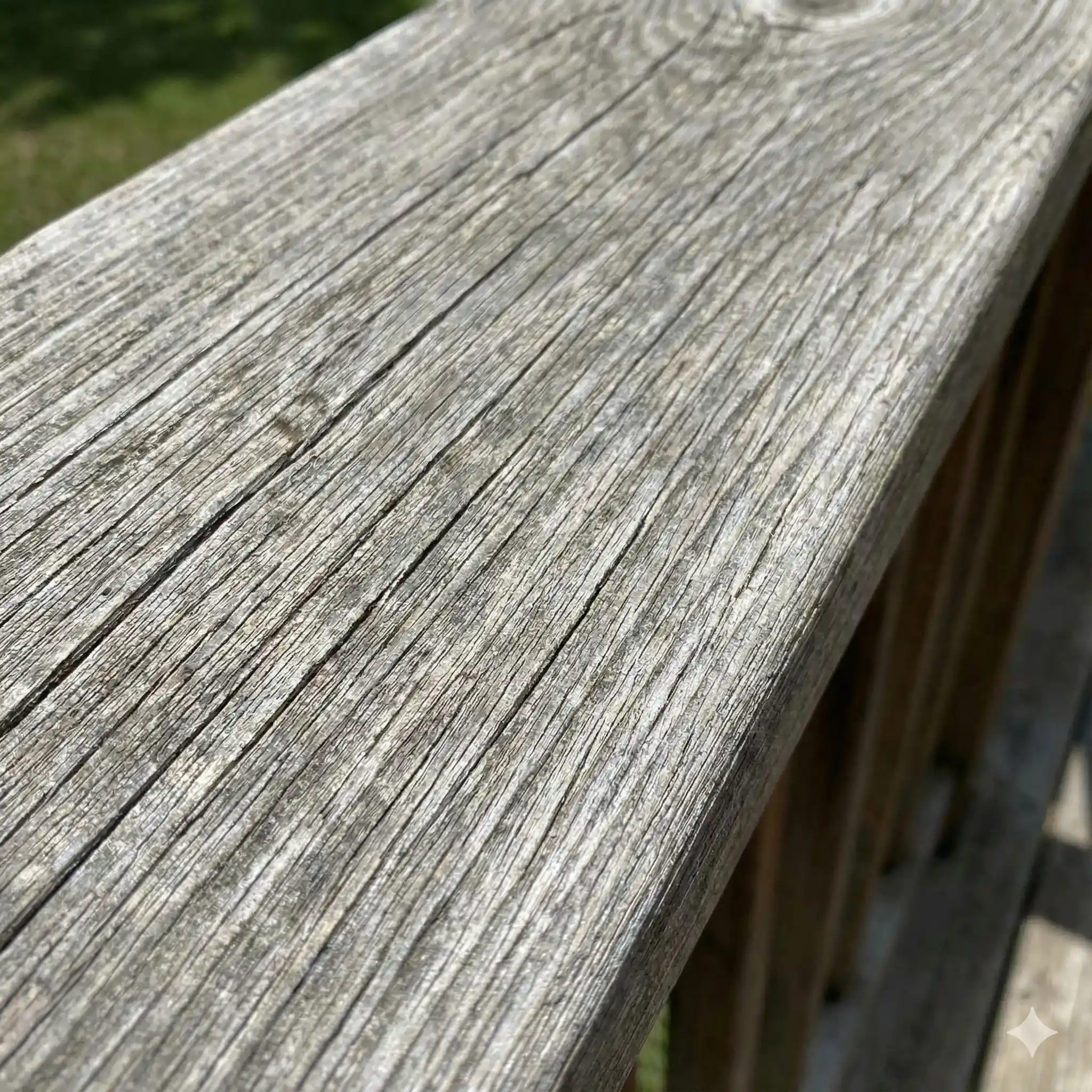 Weathered untreated wooden deck boards attractive to carpenter bees