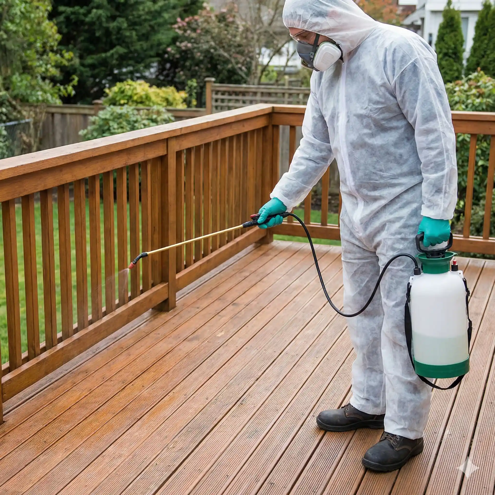 Technician performing seasonal preventive treatment on wooden eaves and fascia