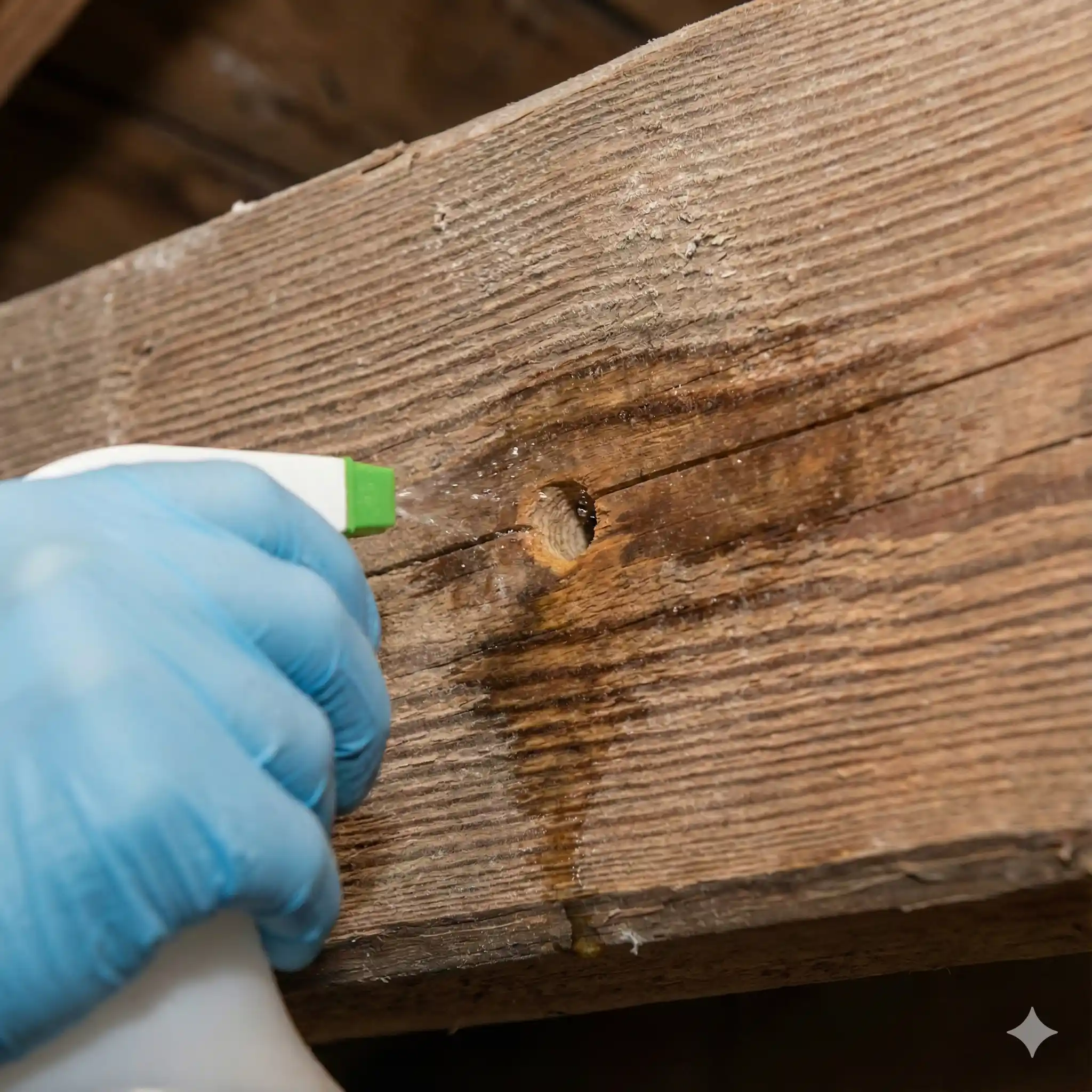 Pest control professional applying residual spray treatment to wooden deck surface
