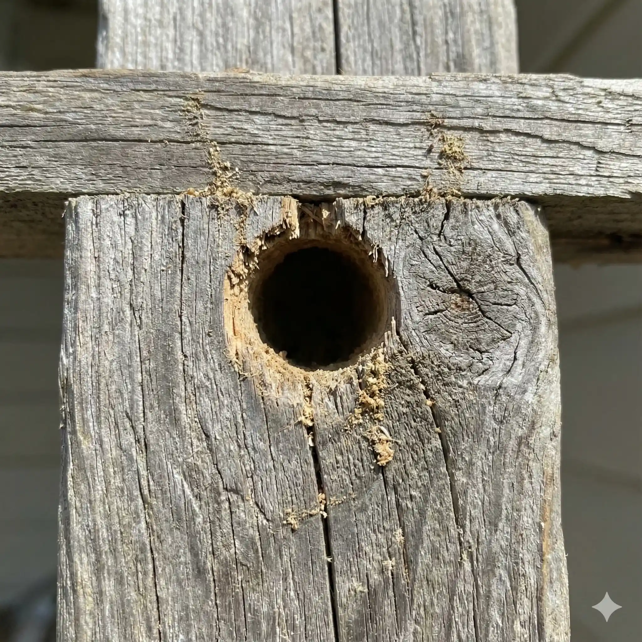 Perfectly round half-inch carpenter bee entrance holes in wooden fascia board