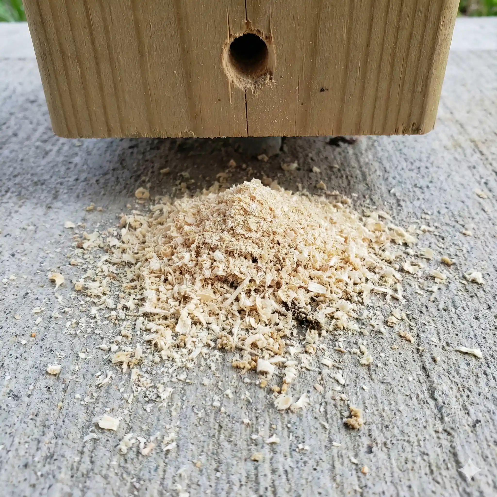 Sawdust-like wood shavings beneath carpenter bee entrance hole