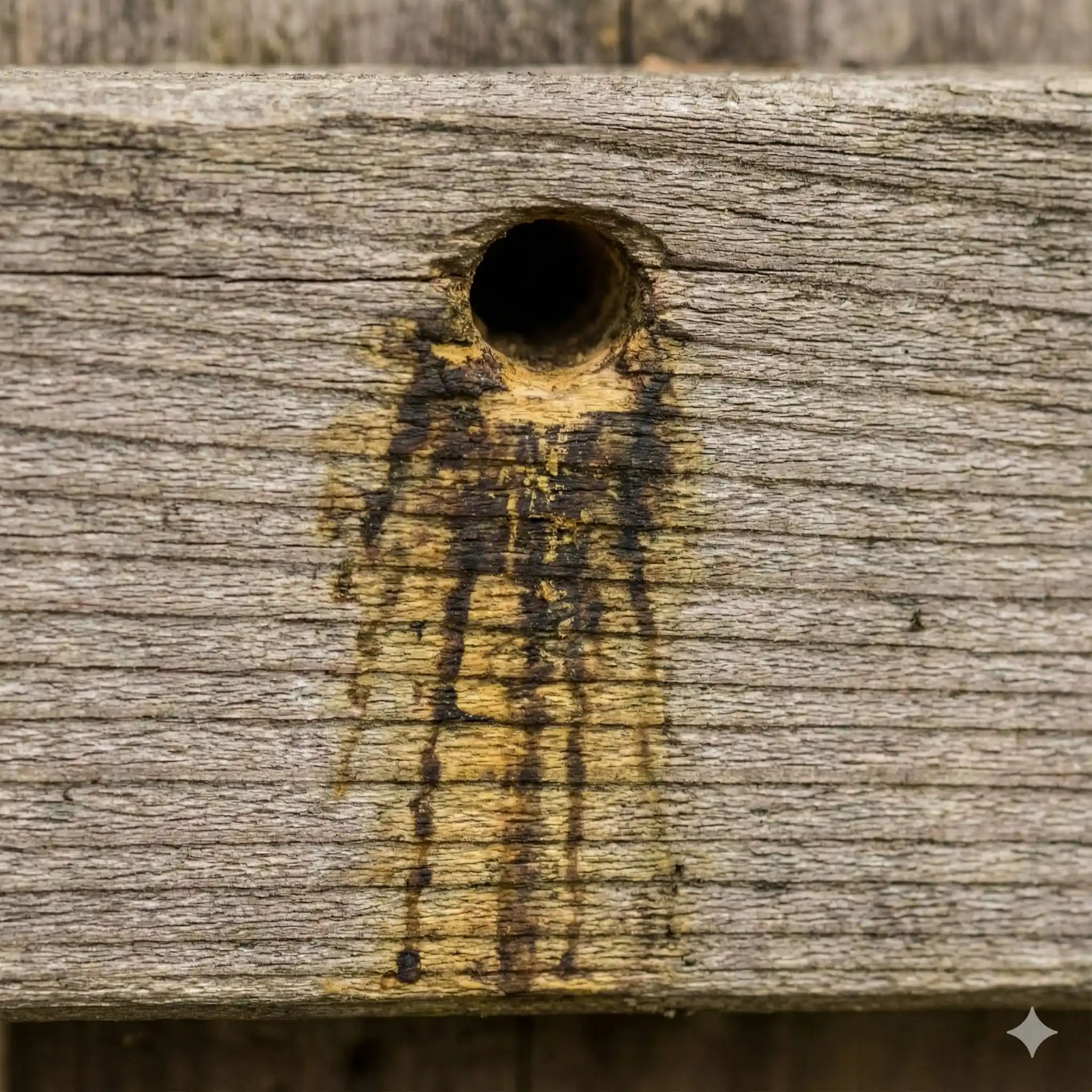 Dark staining on wood surface below carpenter bee gallery entrance