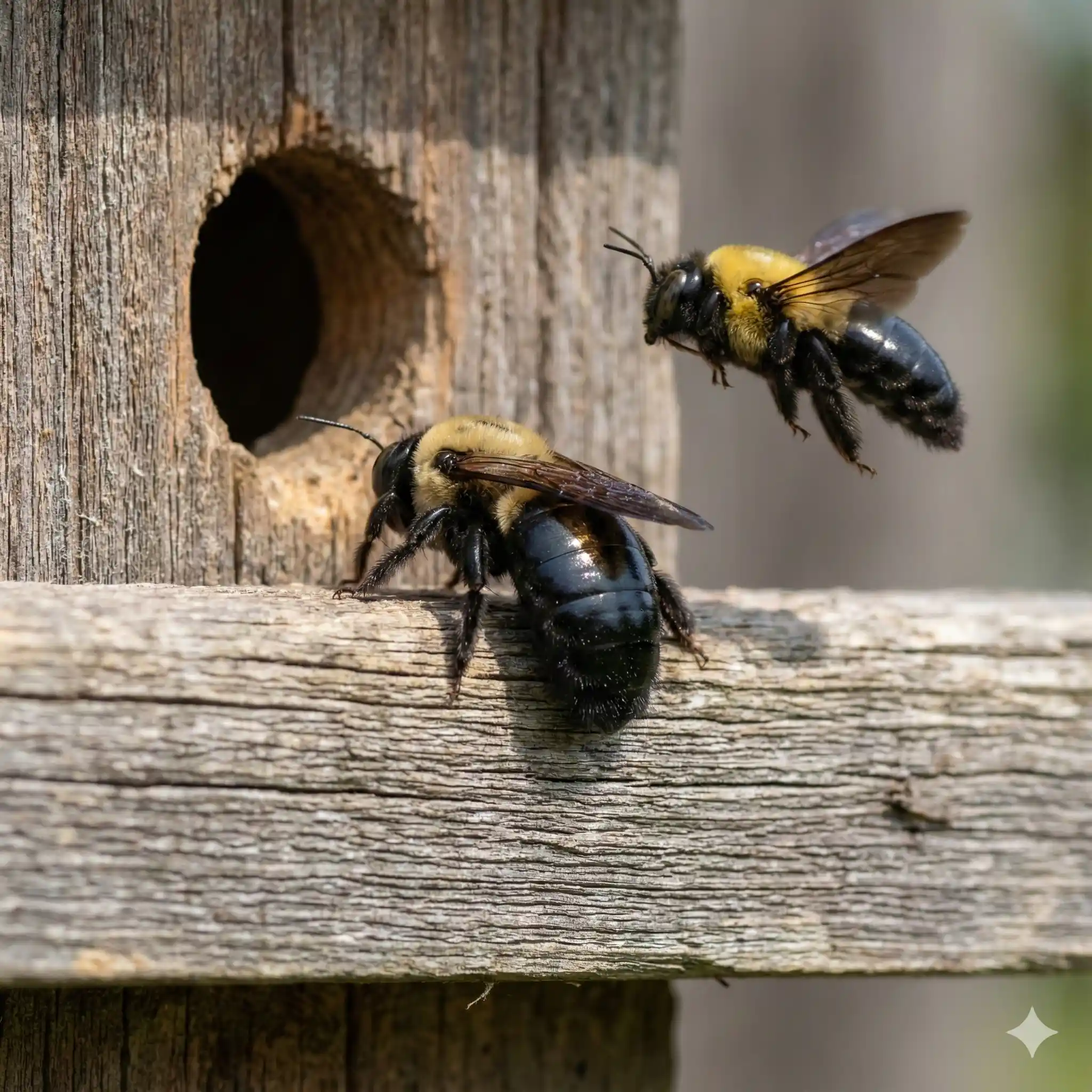 Close-up of carpenter bee showing characteristic shiny black body and yellow markings
