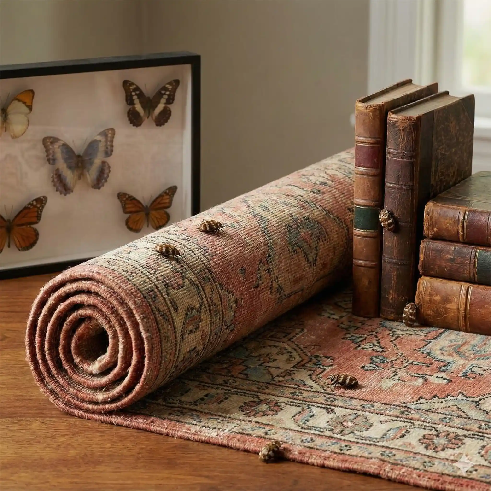 Vintage textile collection and mounted specimens vulnerable to carpet beetle damage