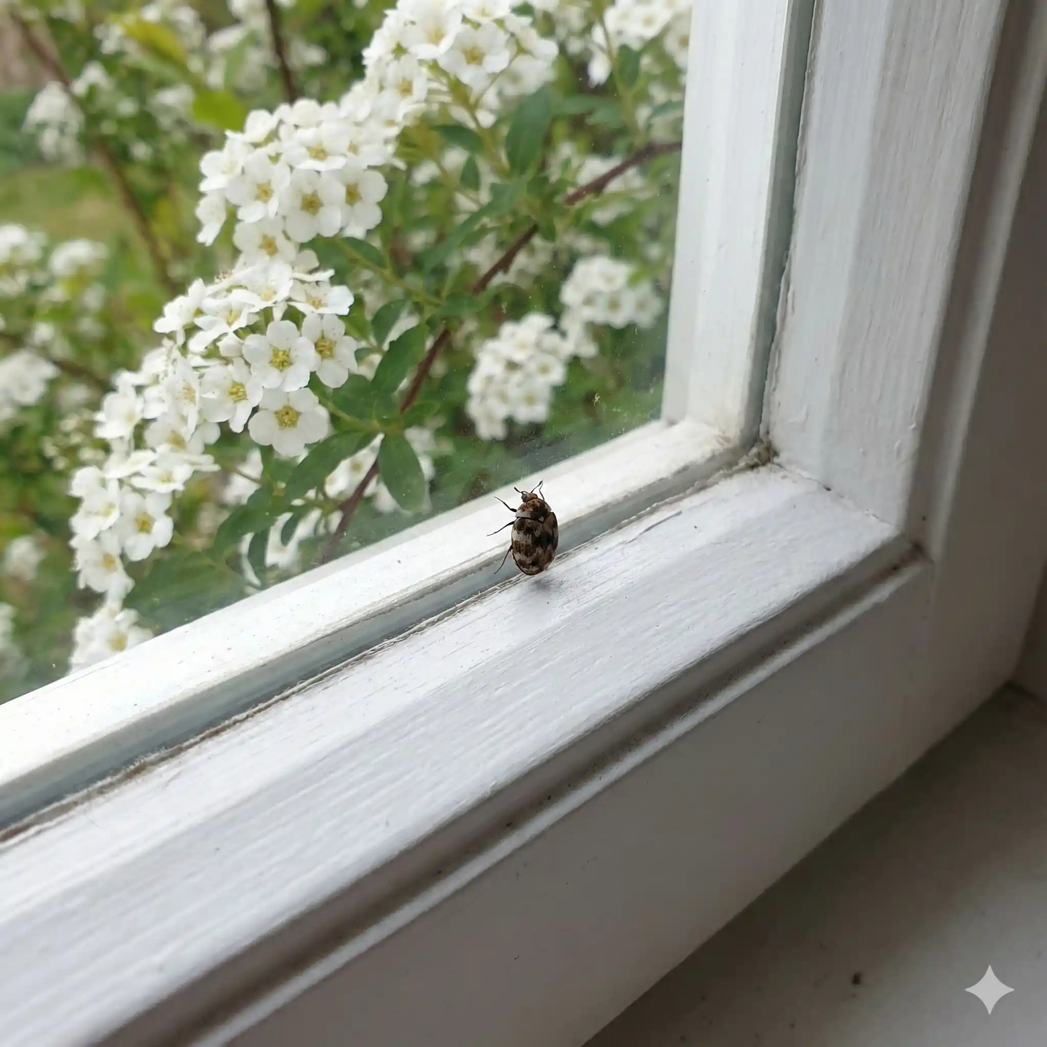 Adult carpet beetle near window entry point attracted by exterior lighting