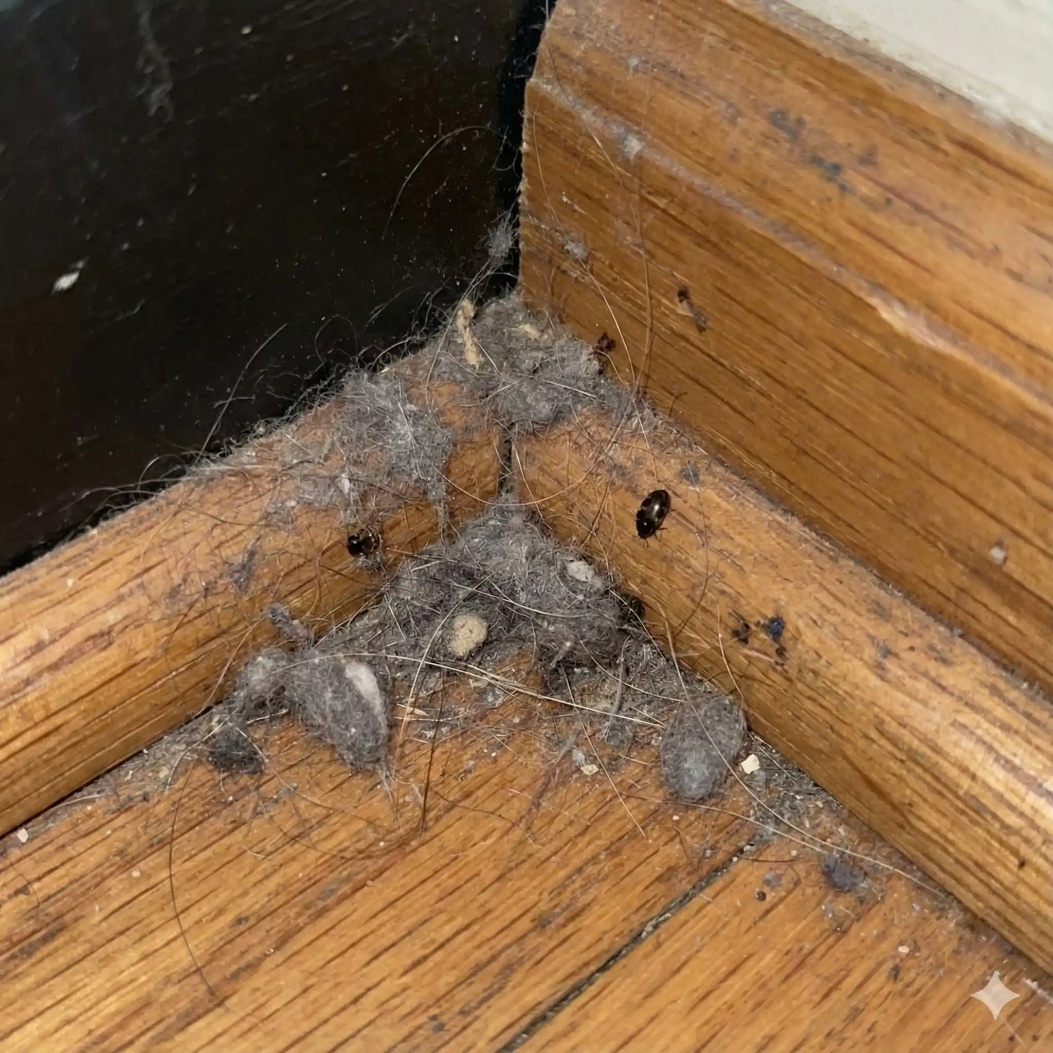 Accumulated lint and pet hair in hidden areas that attract carpet beetles