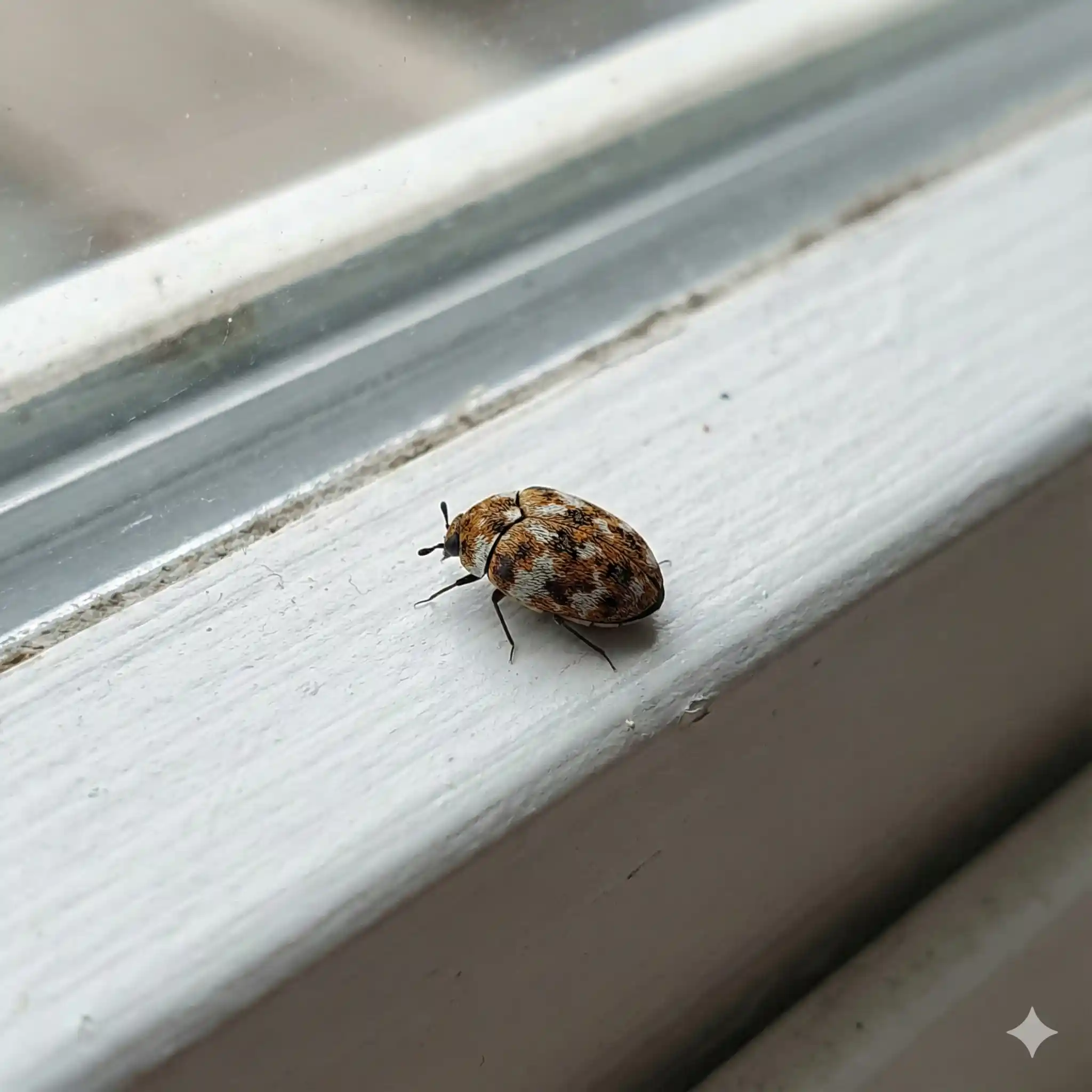 Adult carpet beetle with distinctive mottled pattern near window