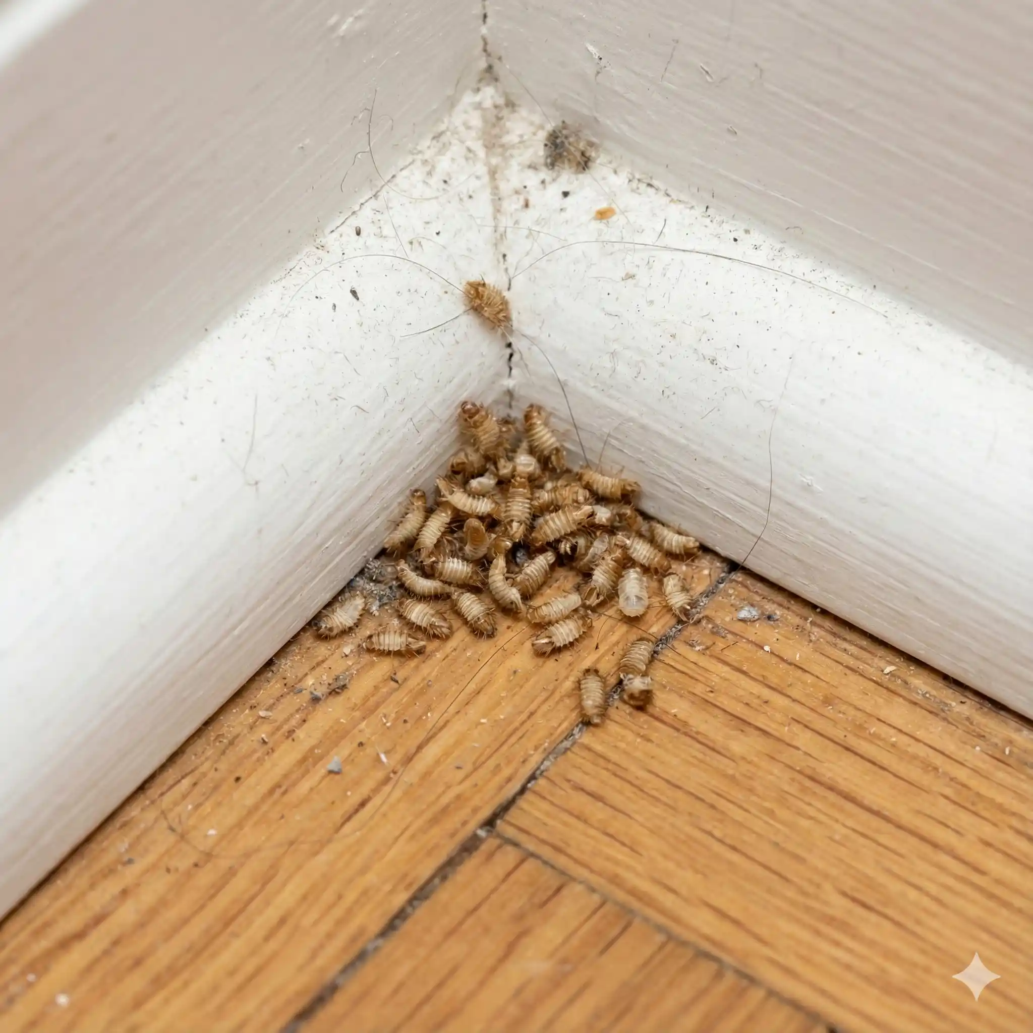 Carpet beetle larvae cast skins collected near baseboard