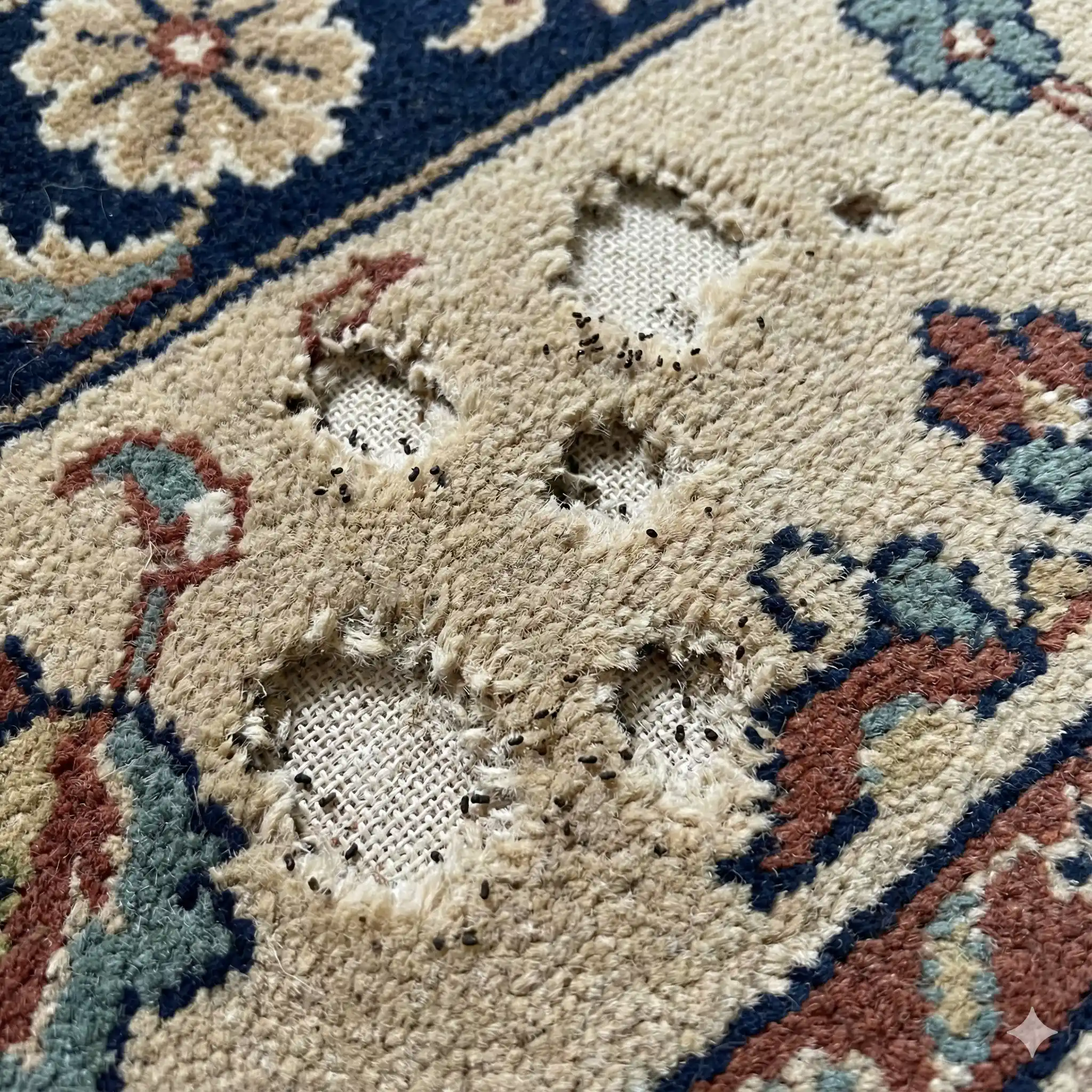 Irregular holes and damage in wool fabric caused by carpet beetle larvae feeding