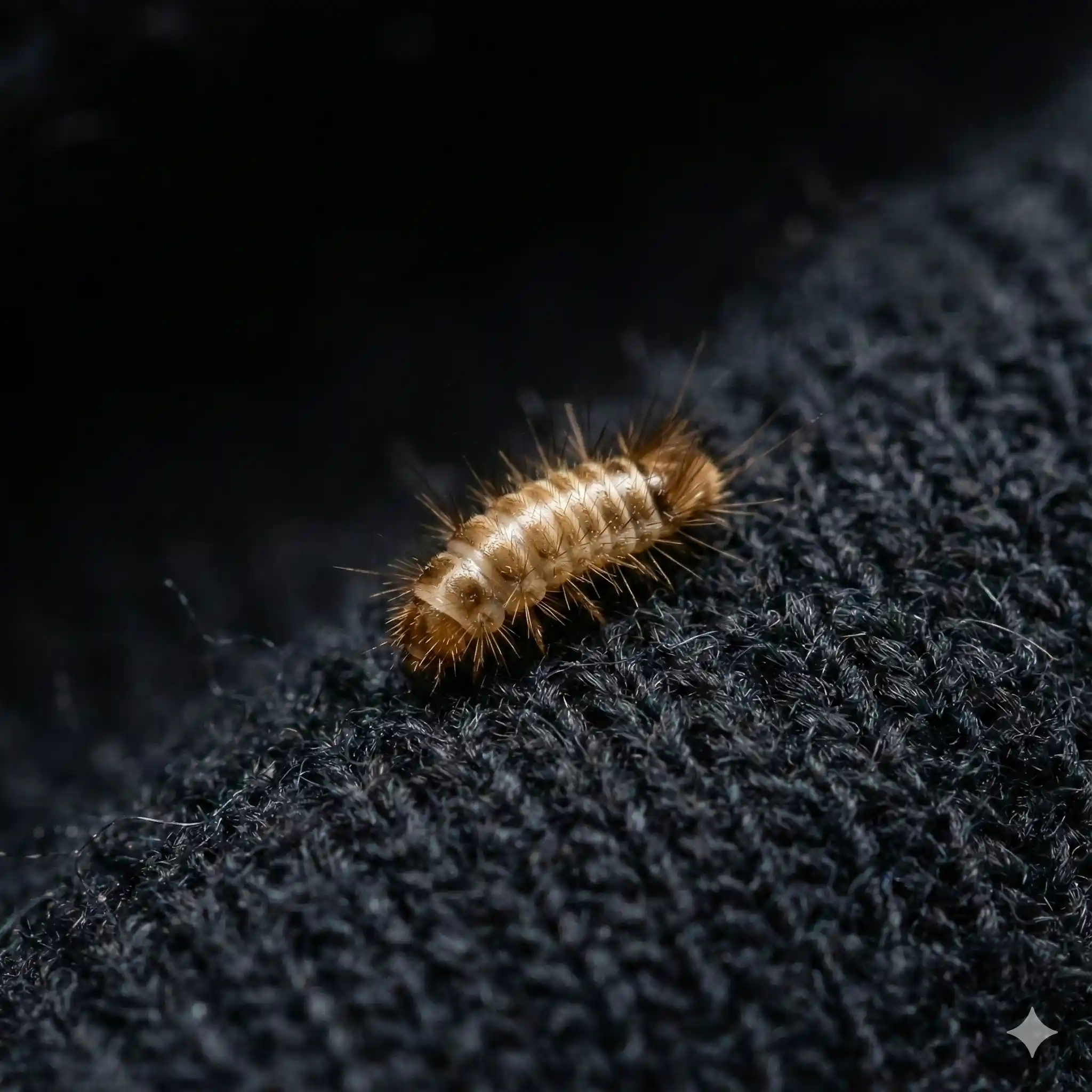 Carpet beetle larvae with distinctive bristly hair tufts on fabric