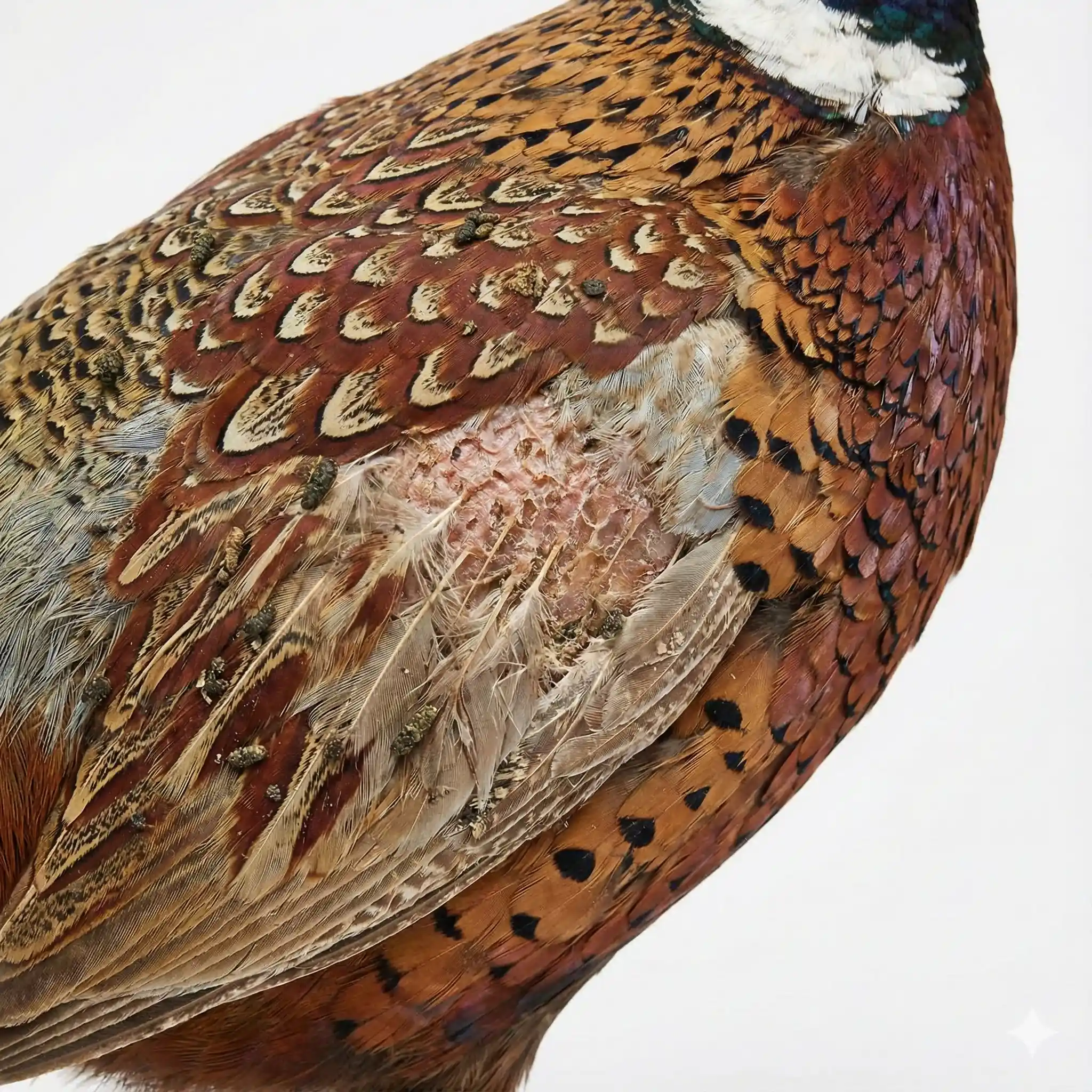 Mounted specimen showing carpet beetle damage with hair loss