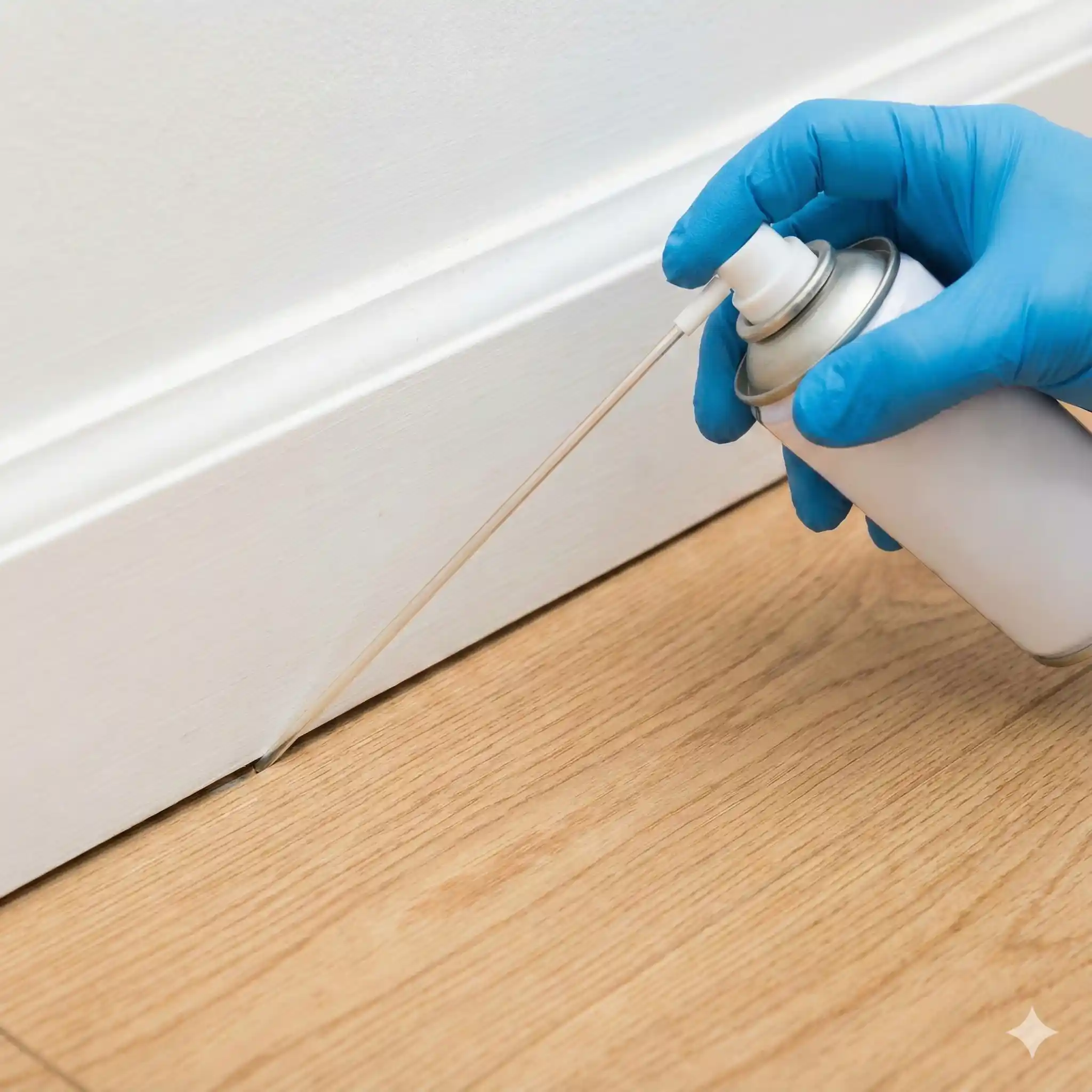 Pest control professional applying precision treatment to baseboards and floor joints