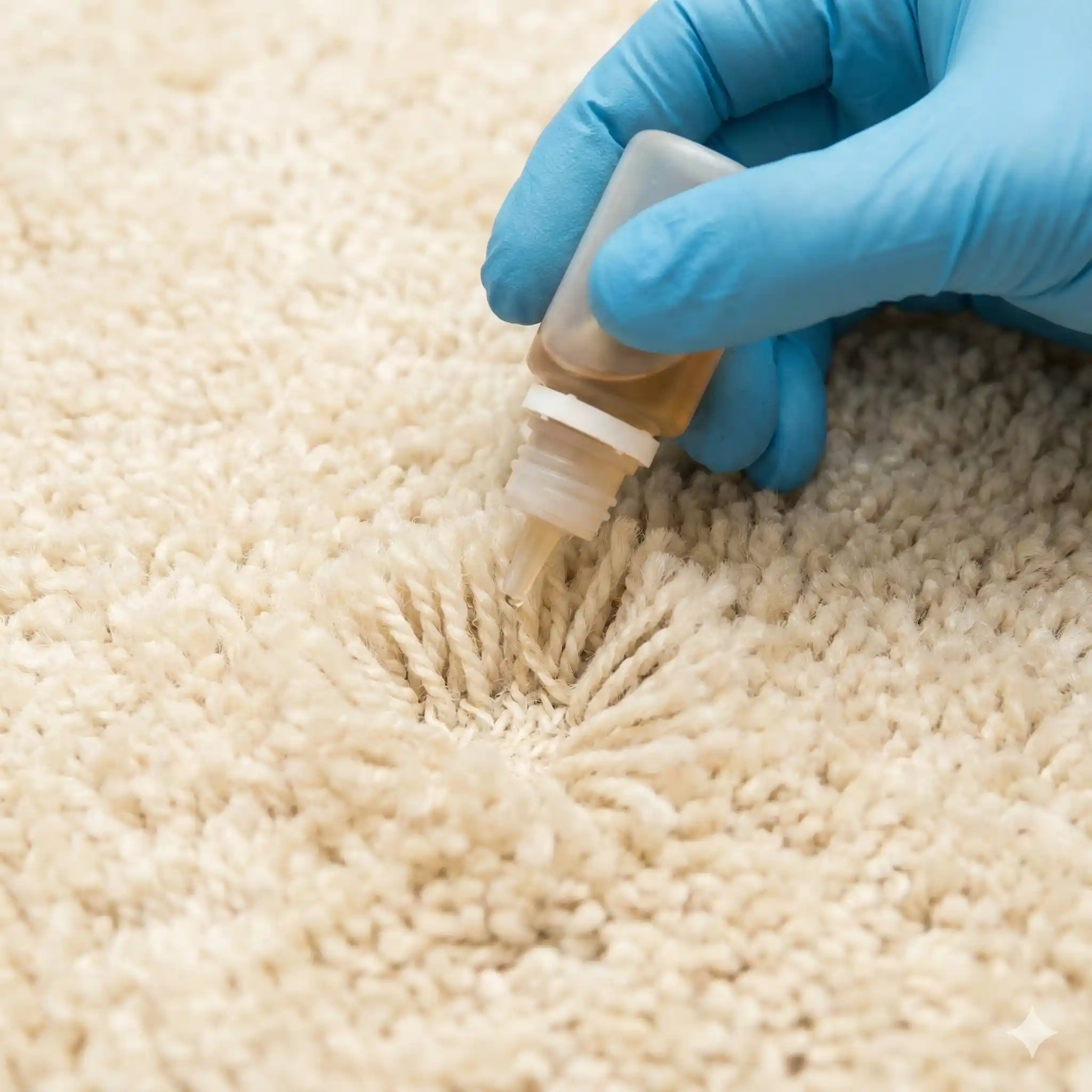 Technician applying deep material treatment to wool carpet for carpet beetle larvae elimination