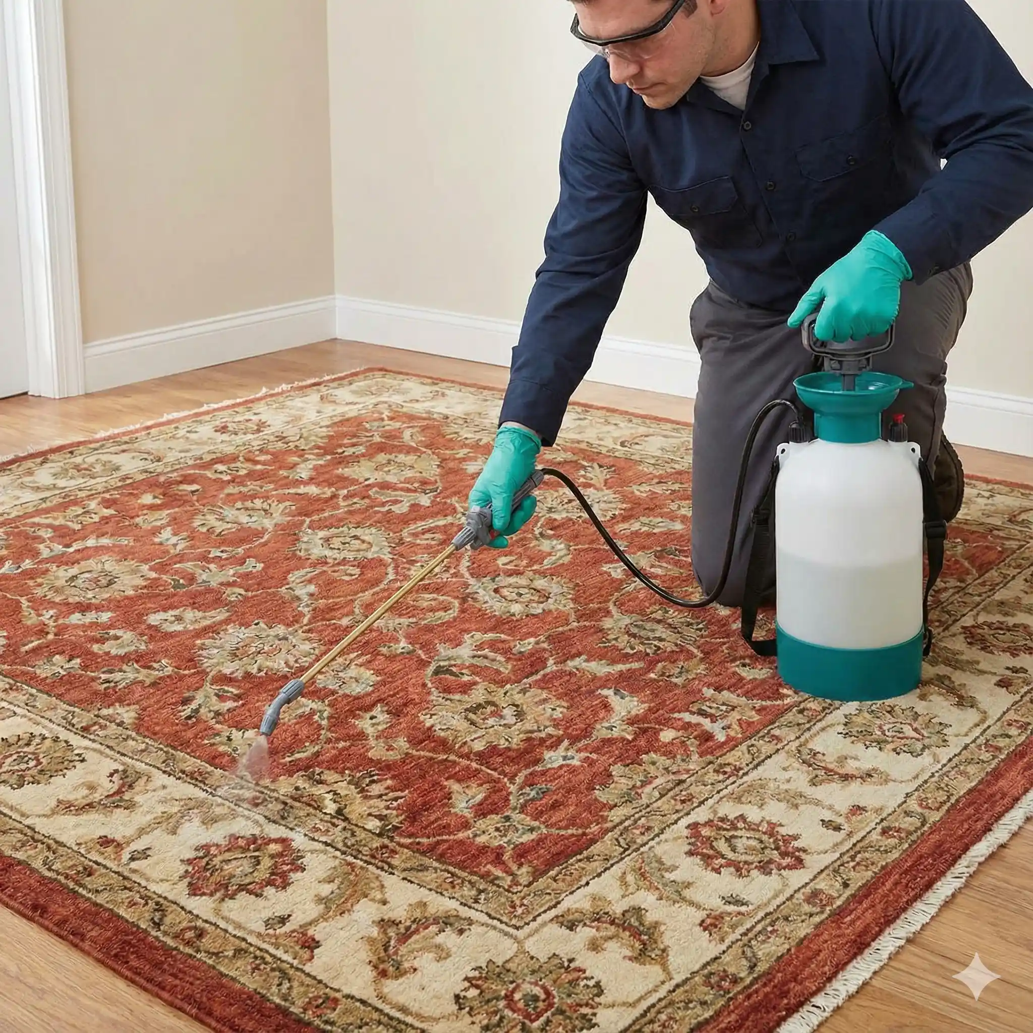 Applying professional textile protection treatment to valuable wool rug