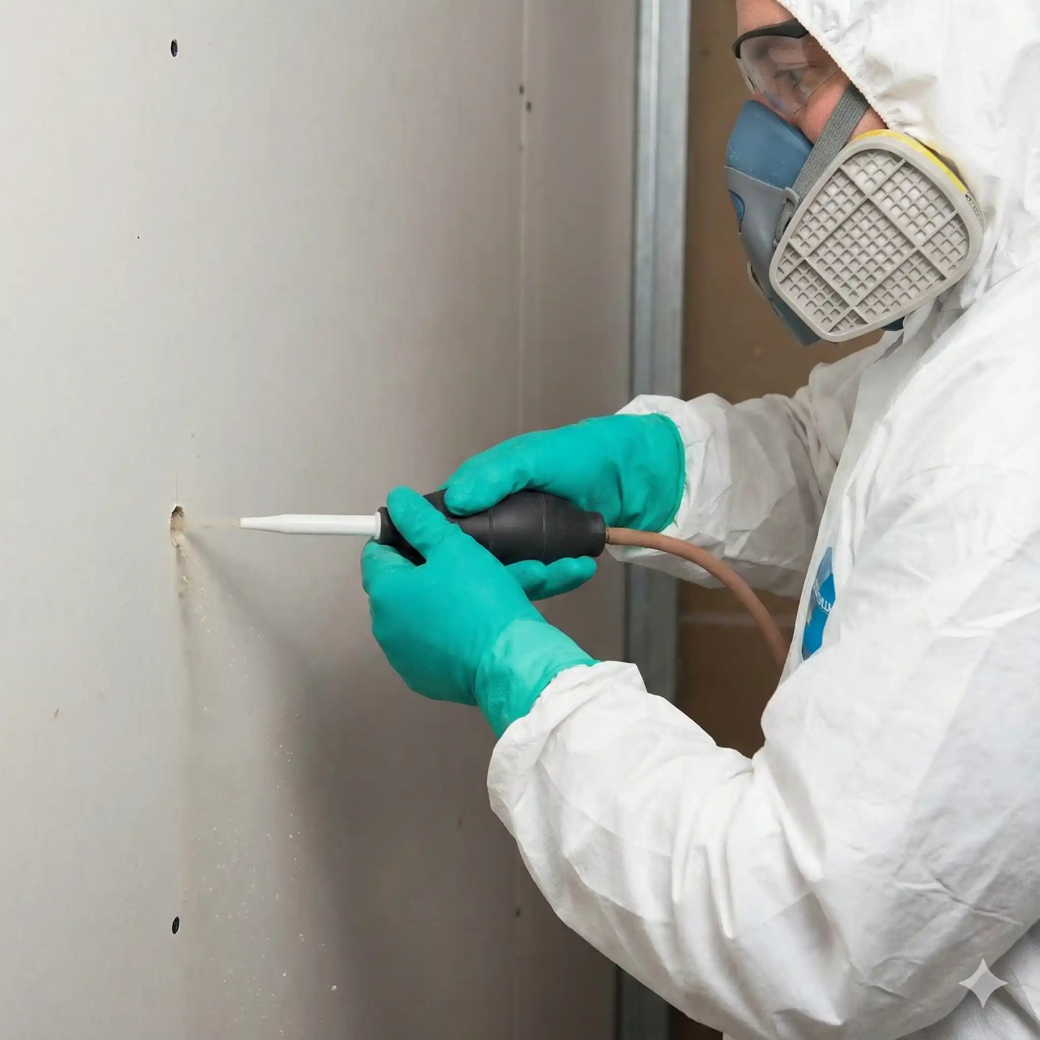 Professional applying insecticidal dust treatment to wall void for carpet beetle control