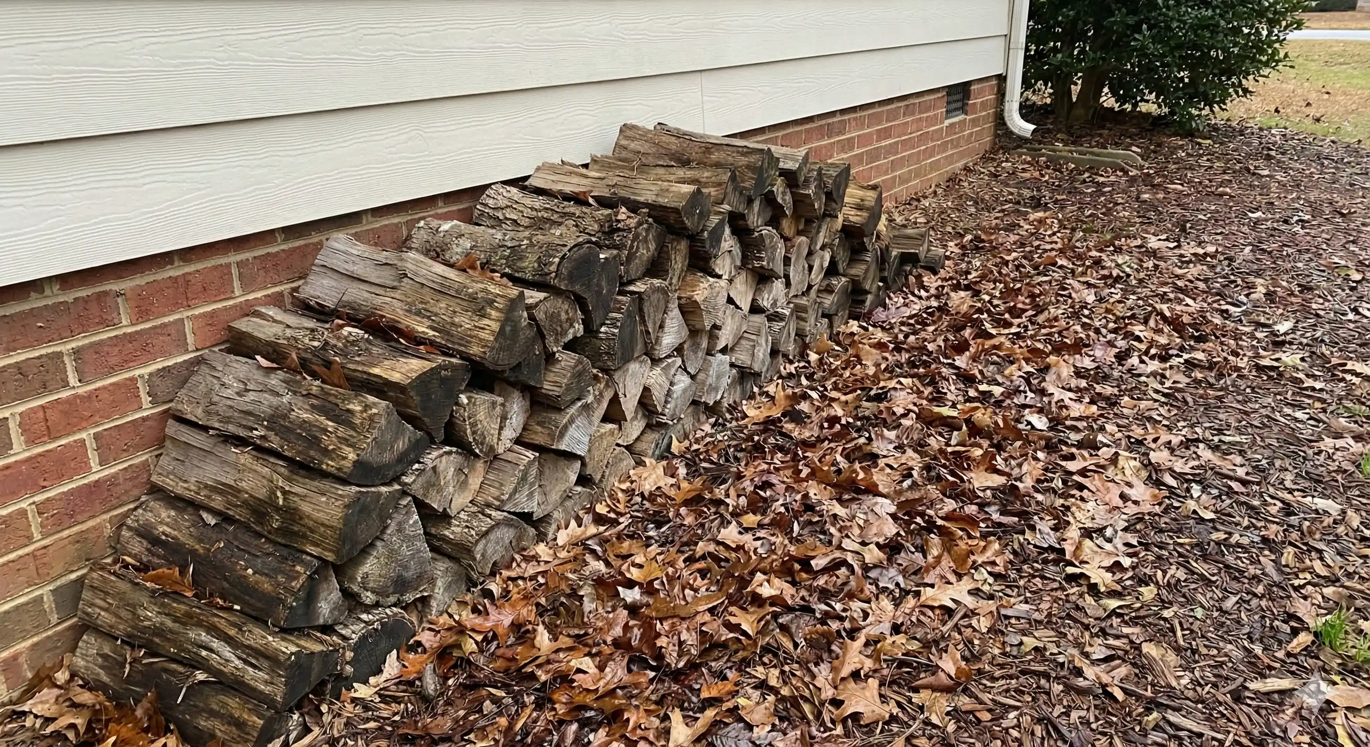 Leaf litter and mulch accumulation near foundation providing centipede shelter