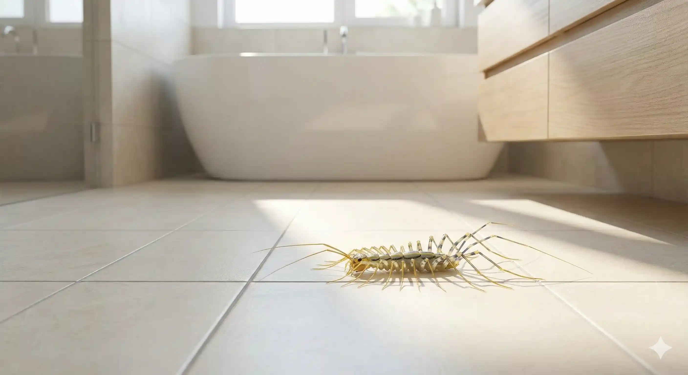 House centipede moving rapidly along bathroom floor during nighttime hunting