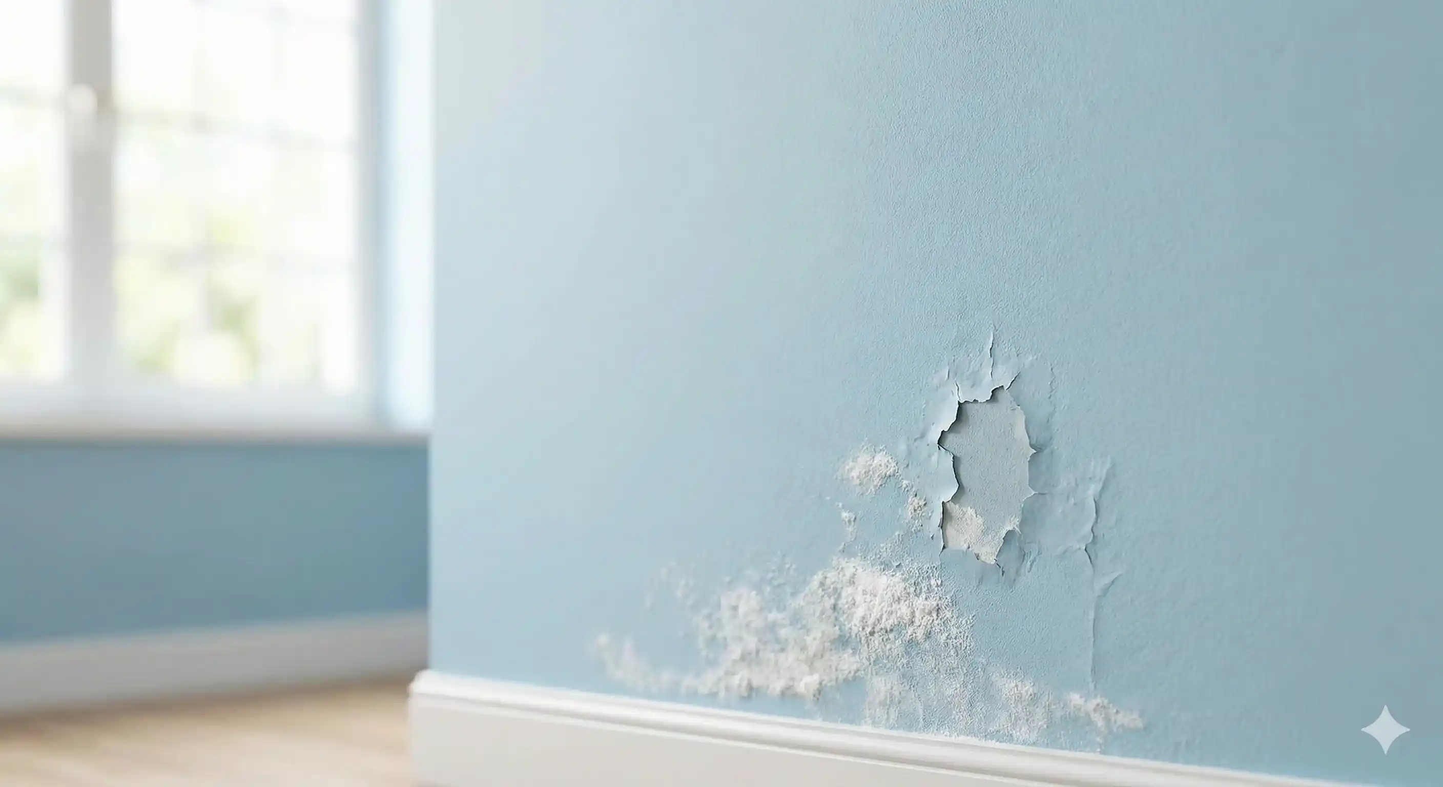 Peeling paint and efflorescence on basement wall indicating moisture problems