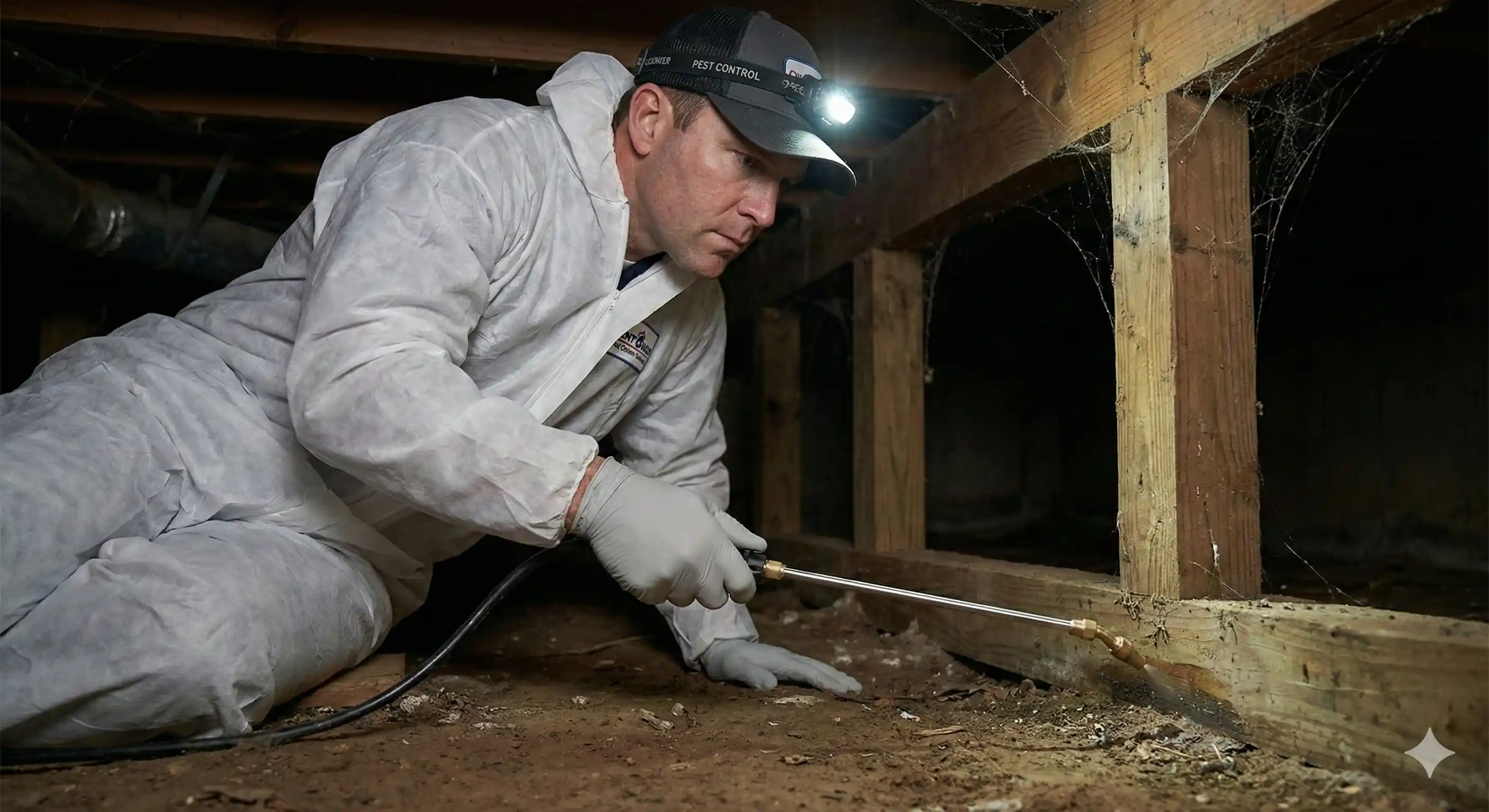 Technician treating crawl space area to eliminate centipede breeding grounds