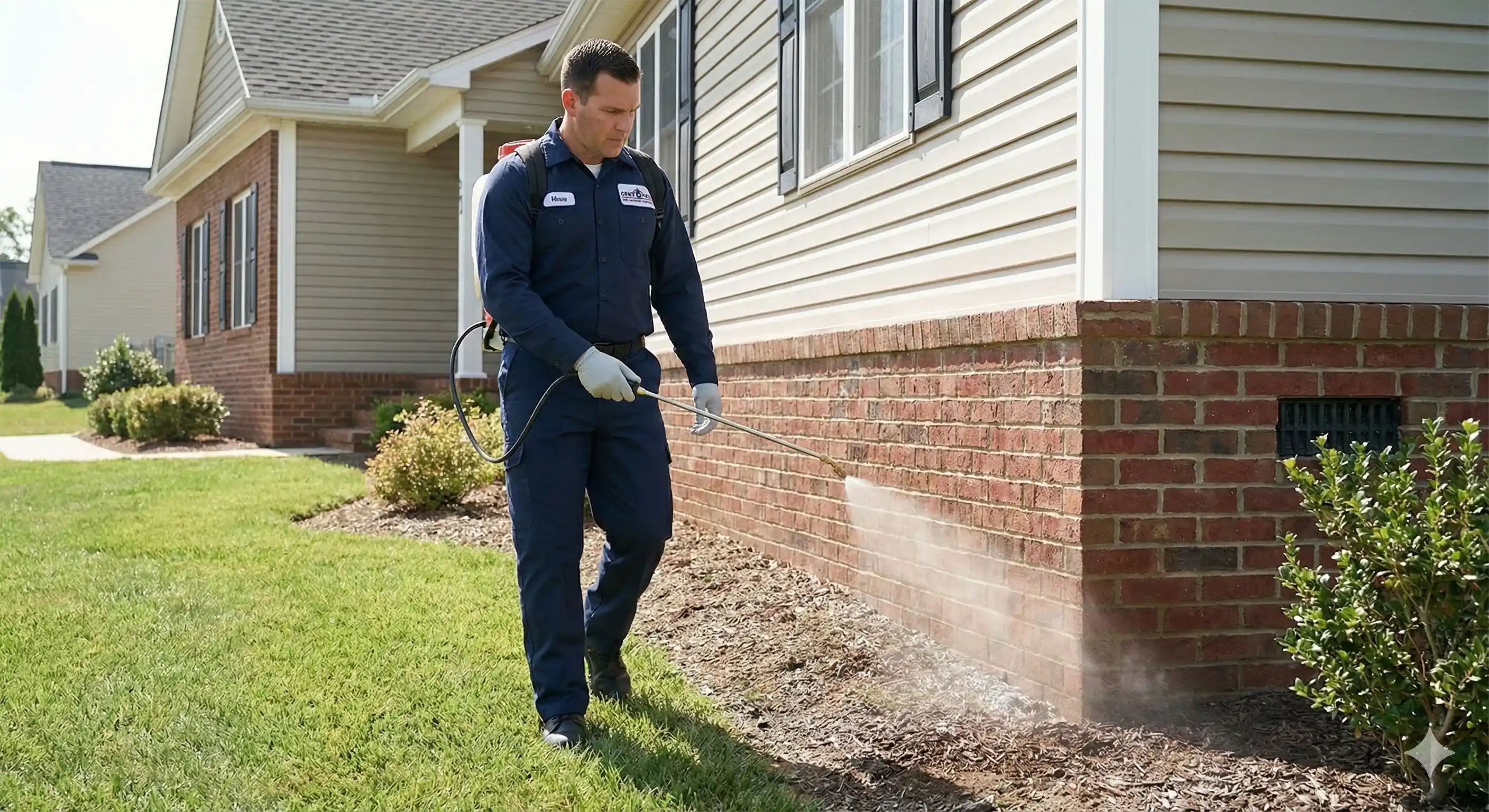 Pest control professional applying exterior barrier treatment around home foundation