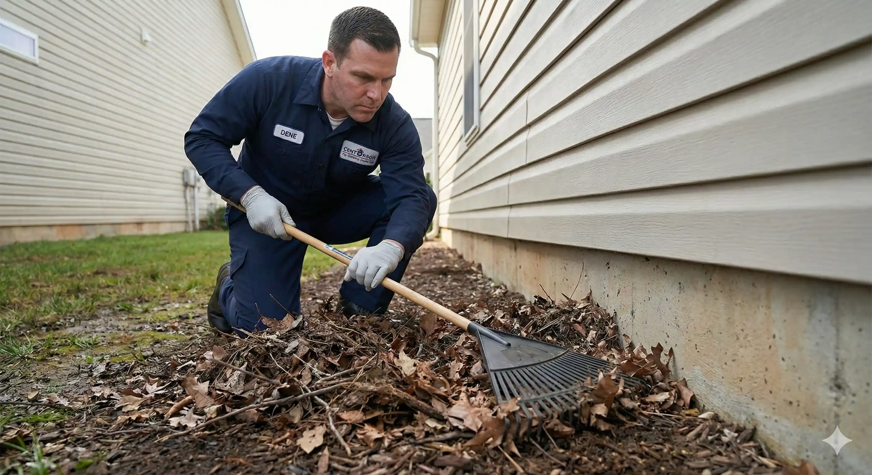 Removing leaf litter and mulch buildup near foundation to eliminate centipede harborage