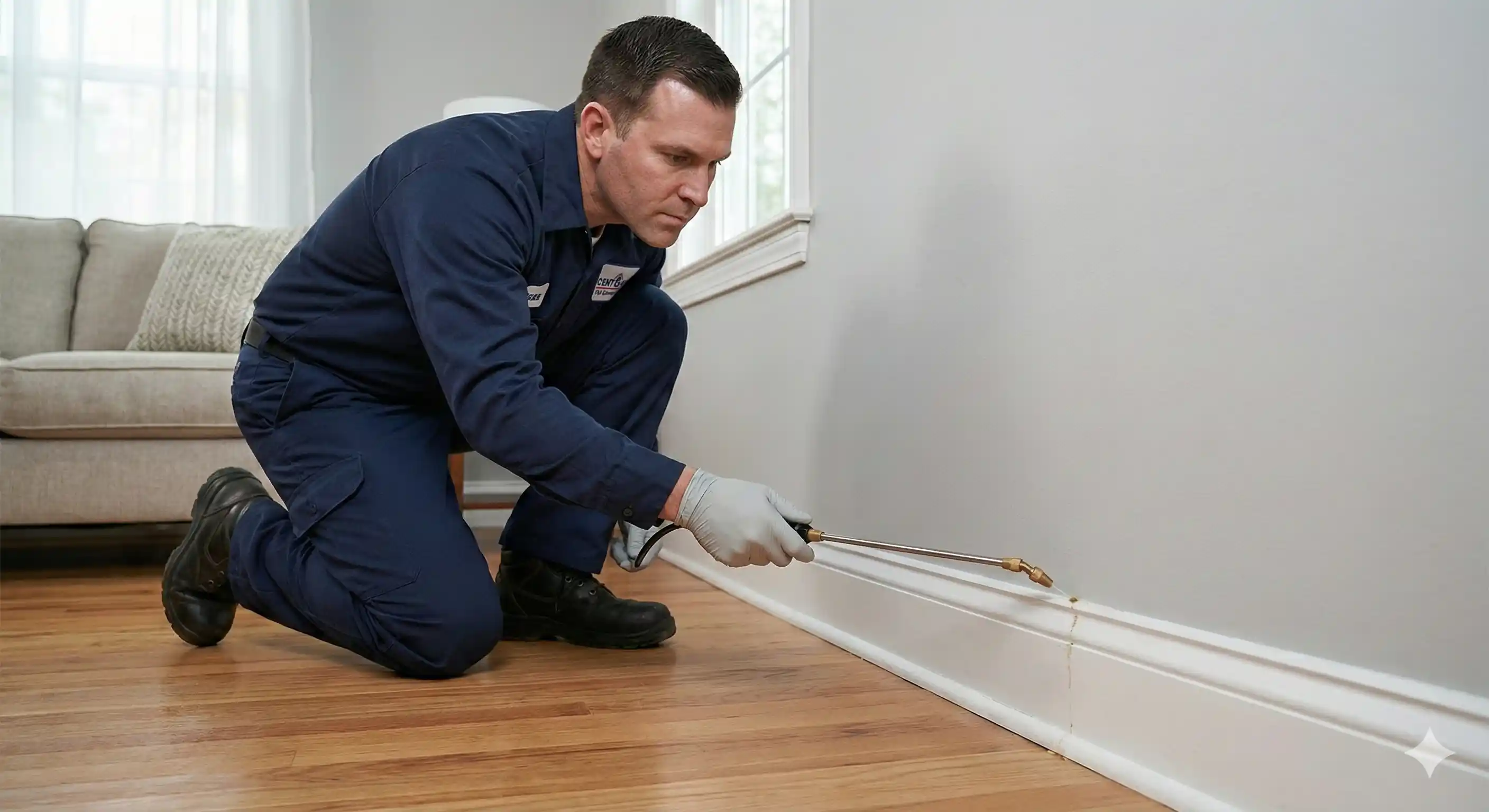 Technician applying targeted treatment to baseboards and wall voids for centipede elimination