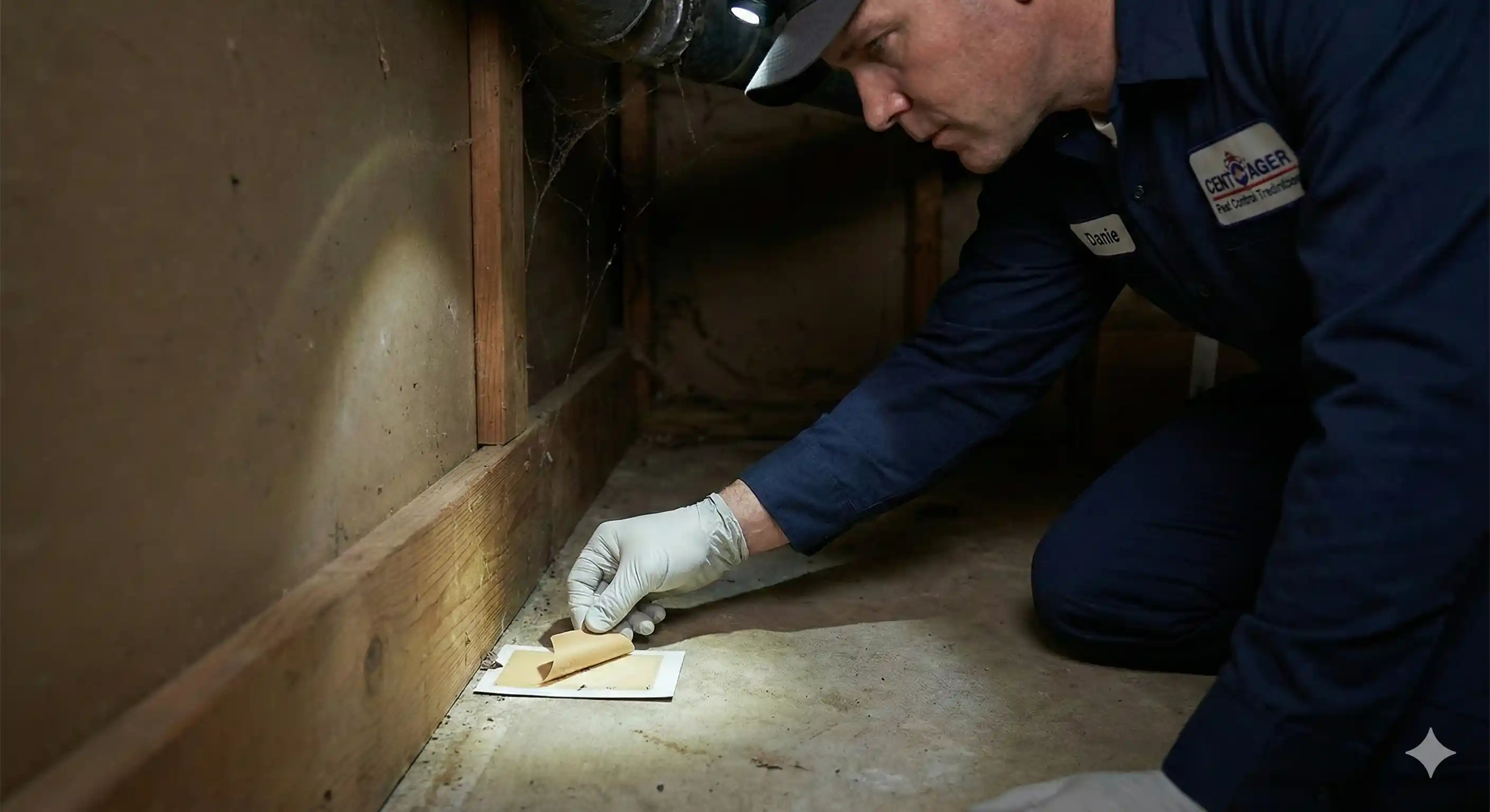 Professional placing sticky trap monitors along baseboard for centipede detection