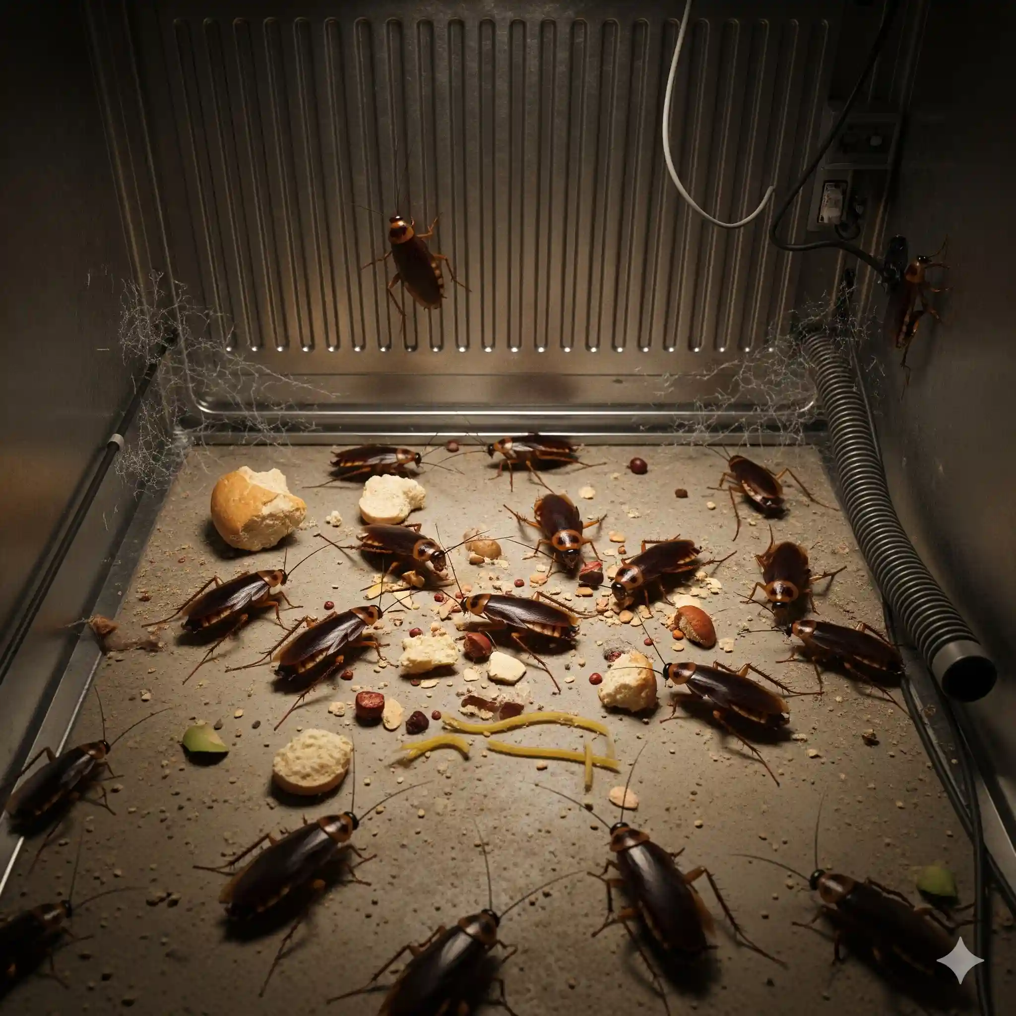Food crumbs and spills on kitchen surfaces attracting foraging cockroaches