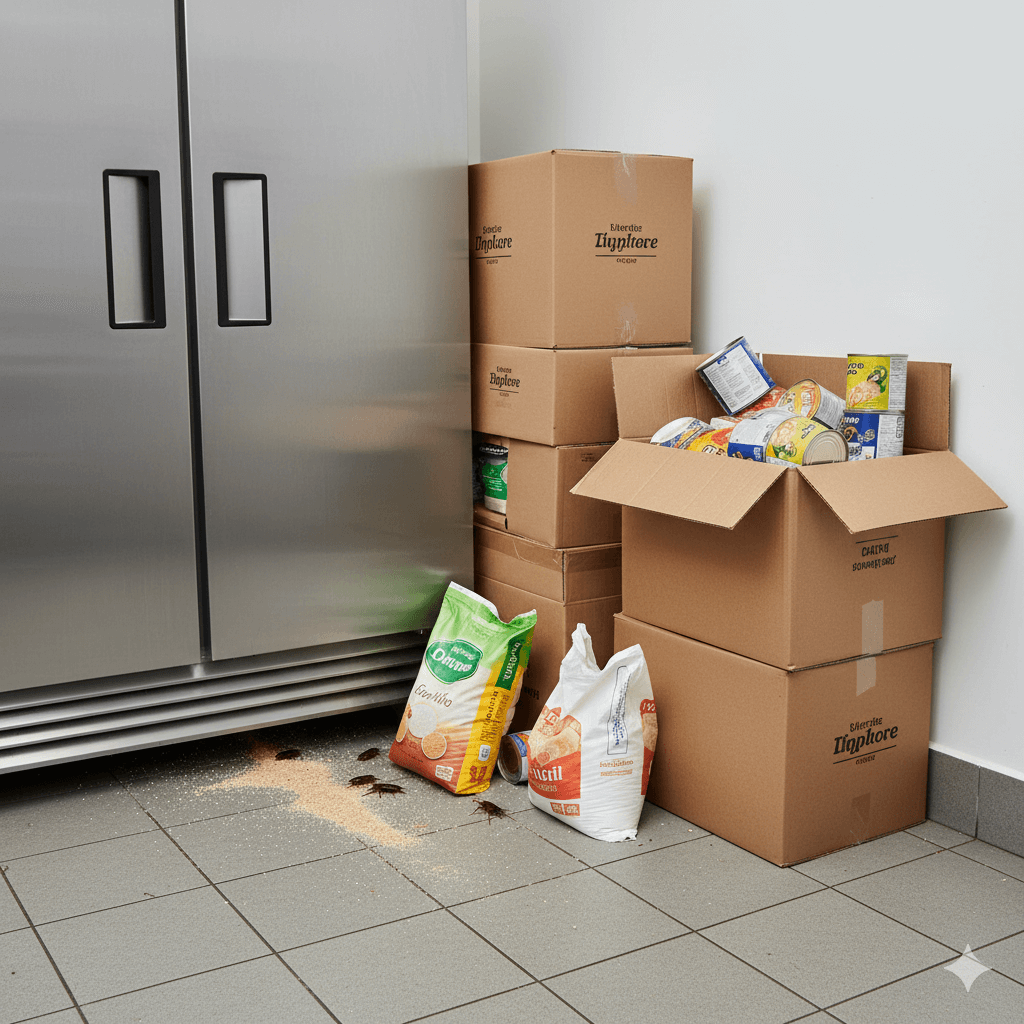 Commercial warehouse storage area showing pest risk factors and management issues