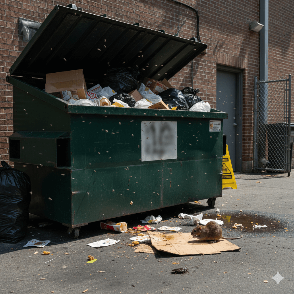 Commercial waste disposal area requiring proper pest management protocols