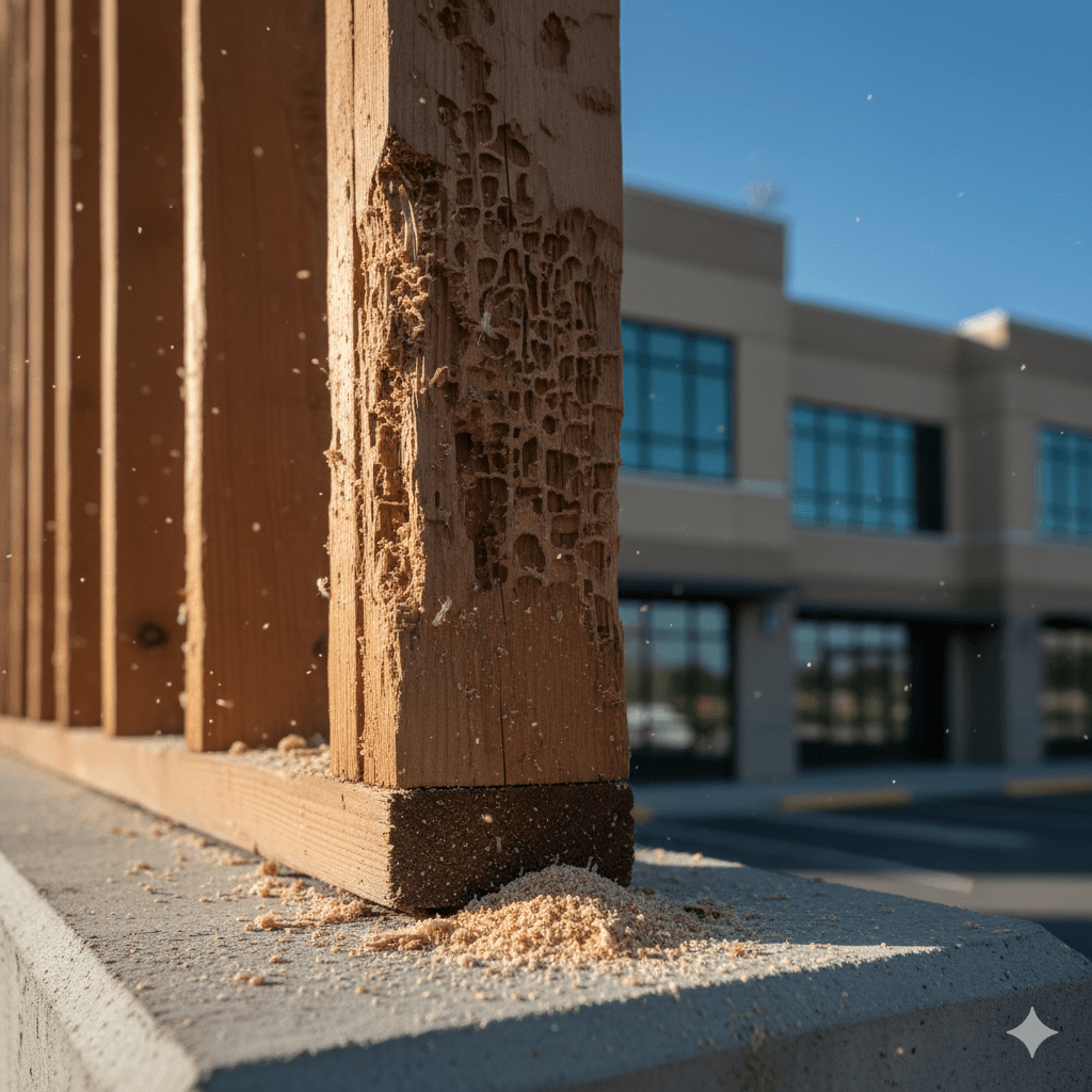 Gnaw marks and structural damage caused by commercial pest activity