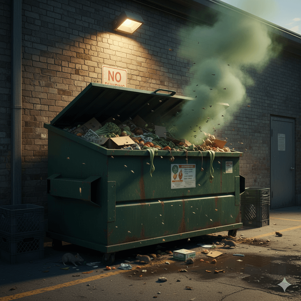 Commercial facility area showing signs requiring investigation for pest activity