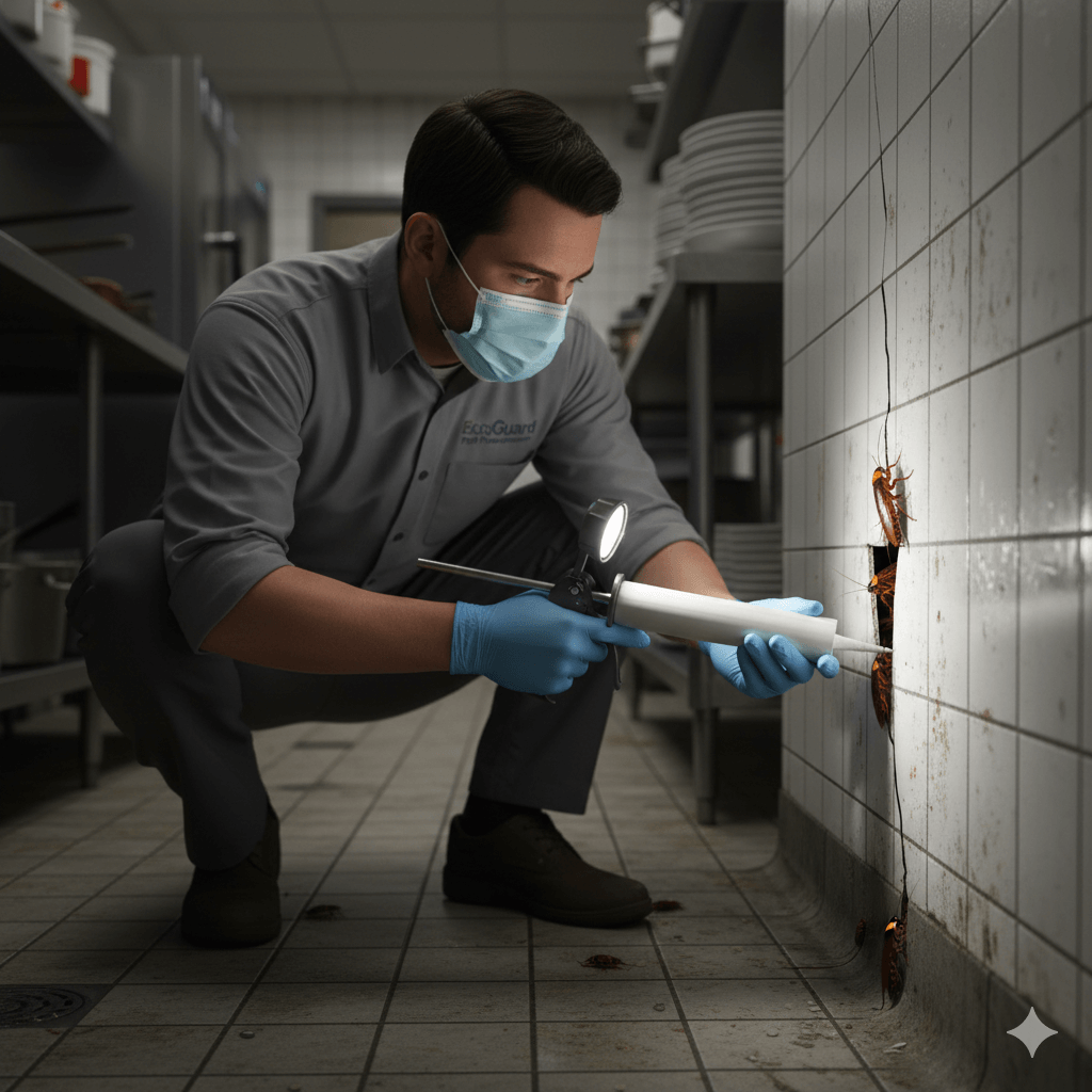 Technician sealing commercial building entry points for pest exclusion