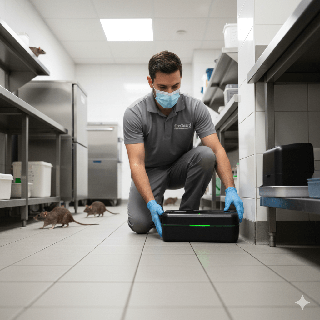 Professional rodent trap placement in commercial facility for ongoing monitoring