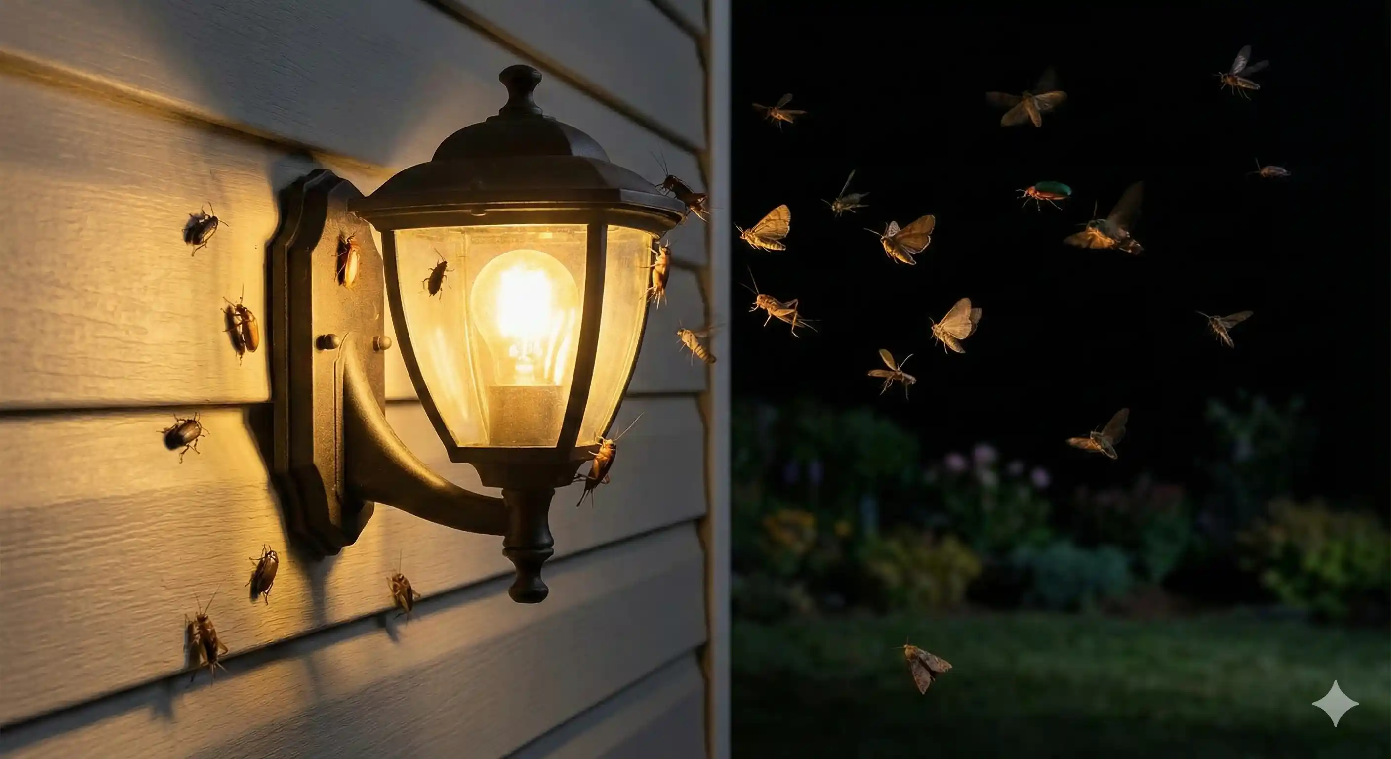 Exterior lights at night attracting insects and crickets toward home entrance