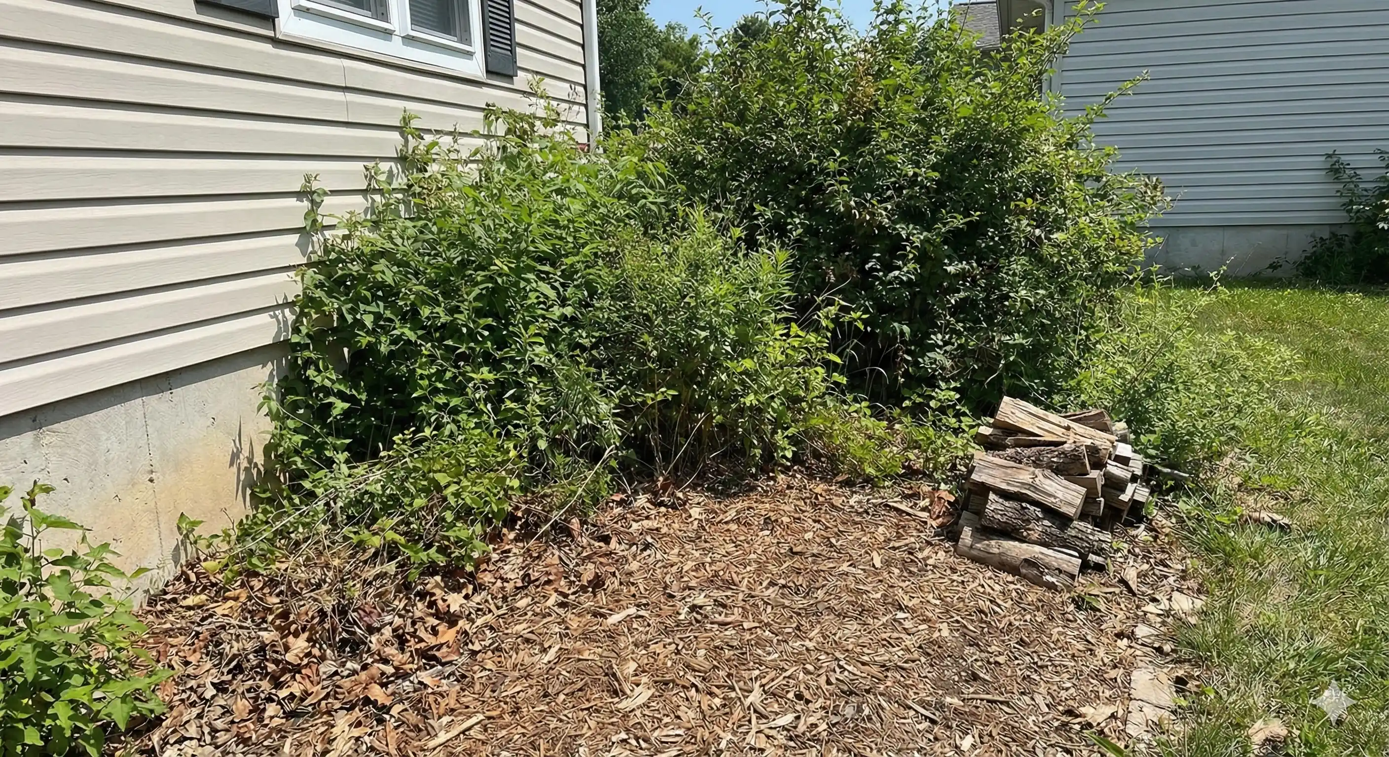 Overgrown vegetation and mulch near foundation providing cricket harborage