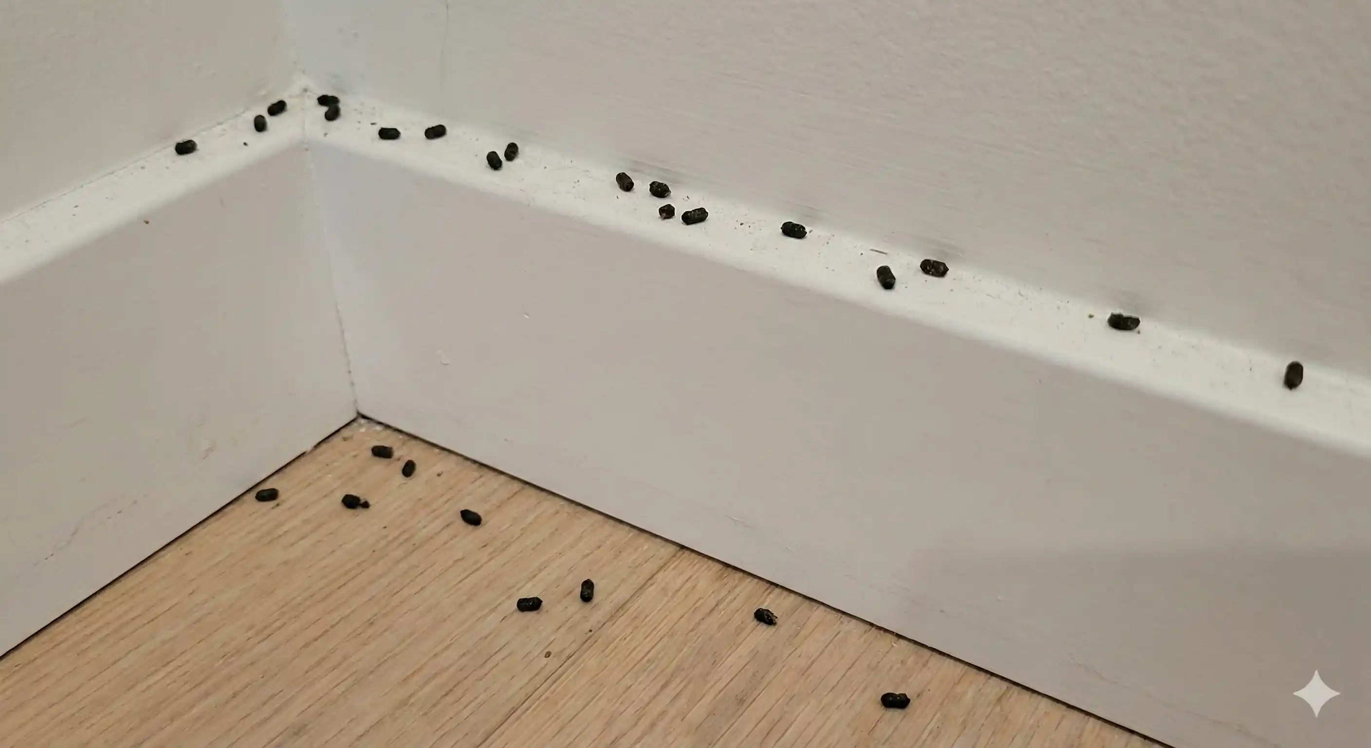 Small dark cricket droppings found along baseboard corner