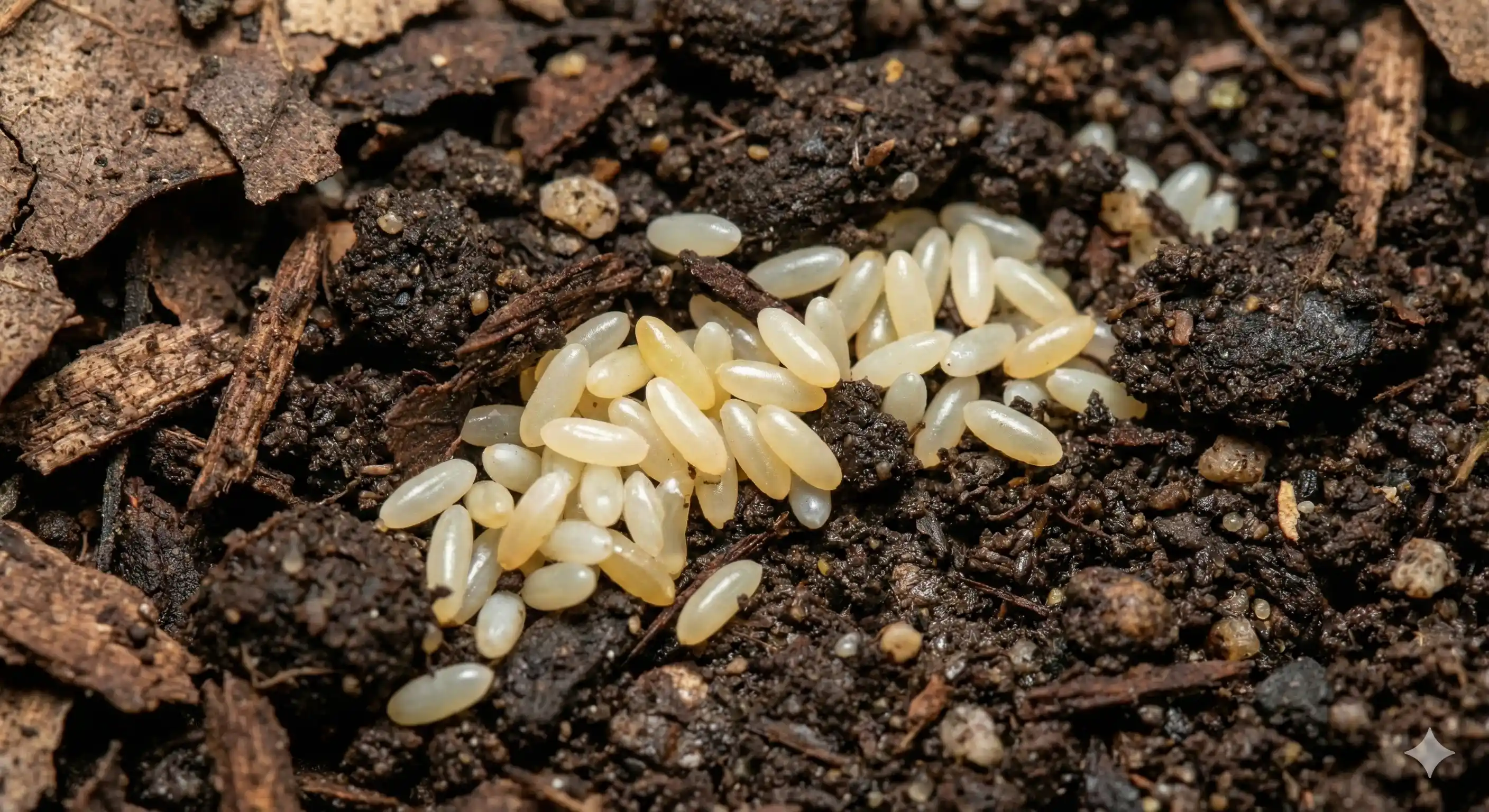 Cricket eggs appearing as small rice-shaped casings in soil or cracks