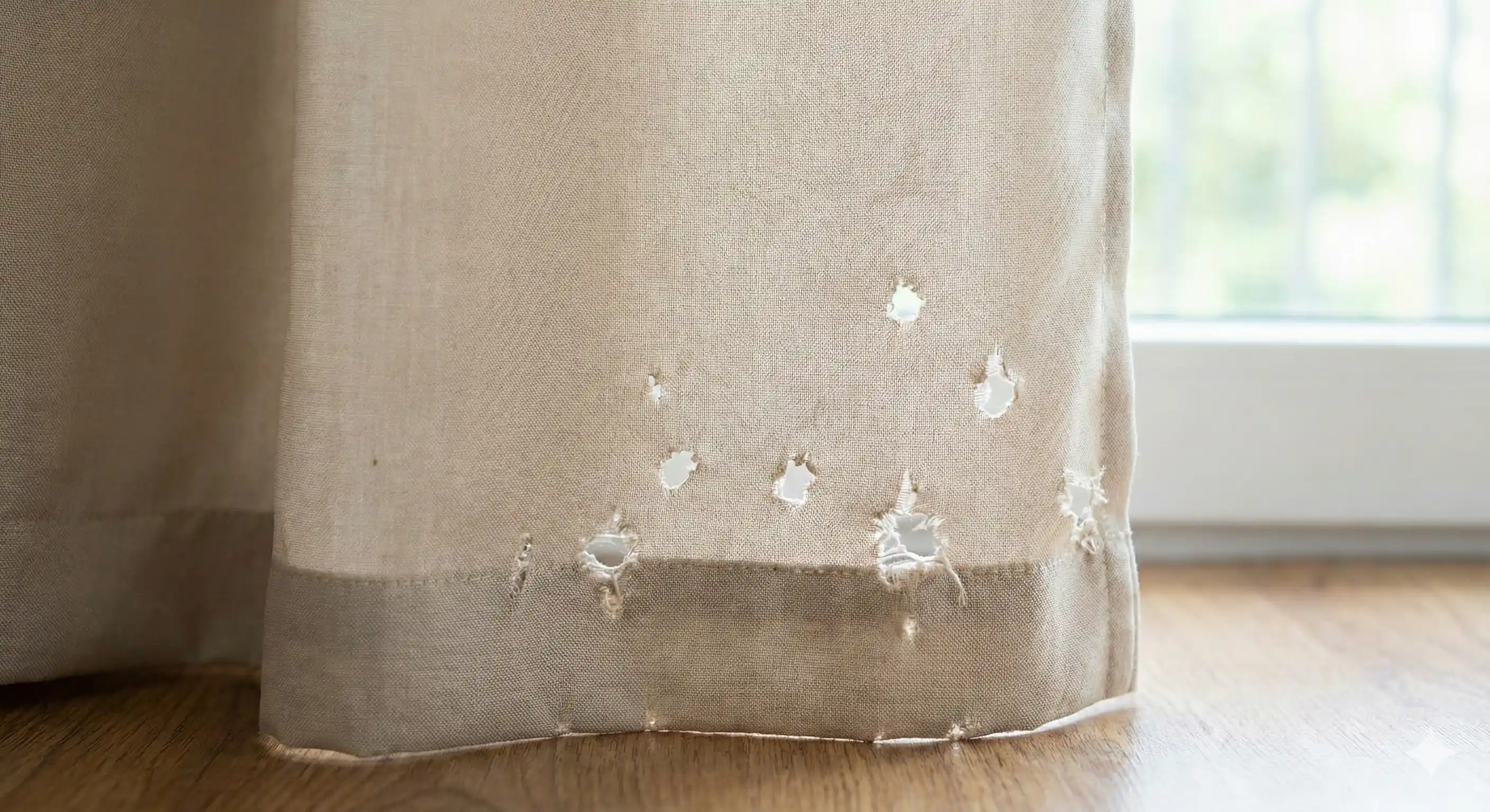 Irregular holes in fabric curtain caused by cricket feeding damage
